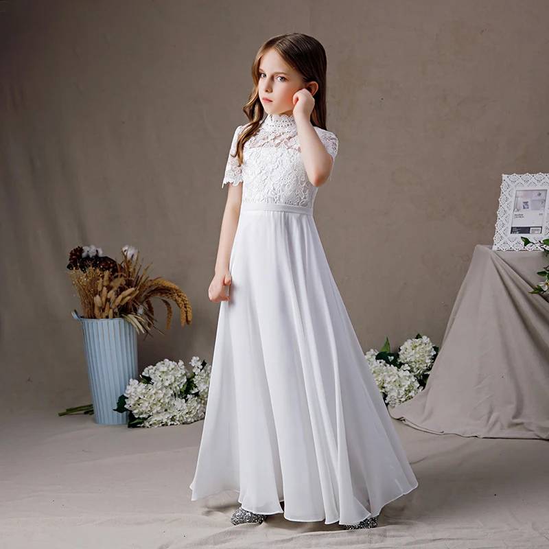 Elegant White High Neck Chiffon Lace Dress for First Communion, Junior Bridesmaid, Party & Special Occasions - Perfect for Weddings, Prom & Formal Events