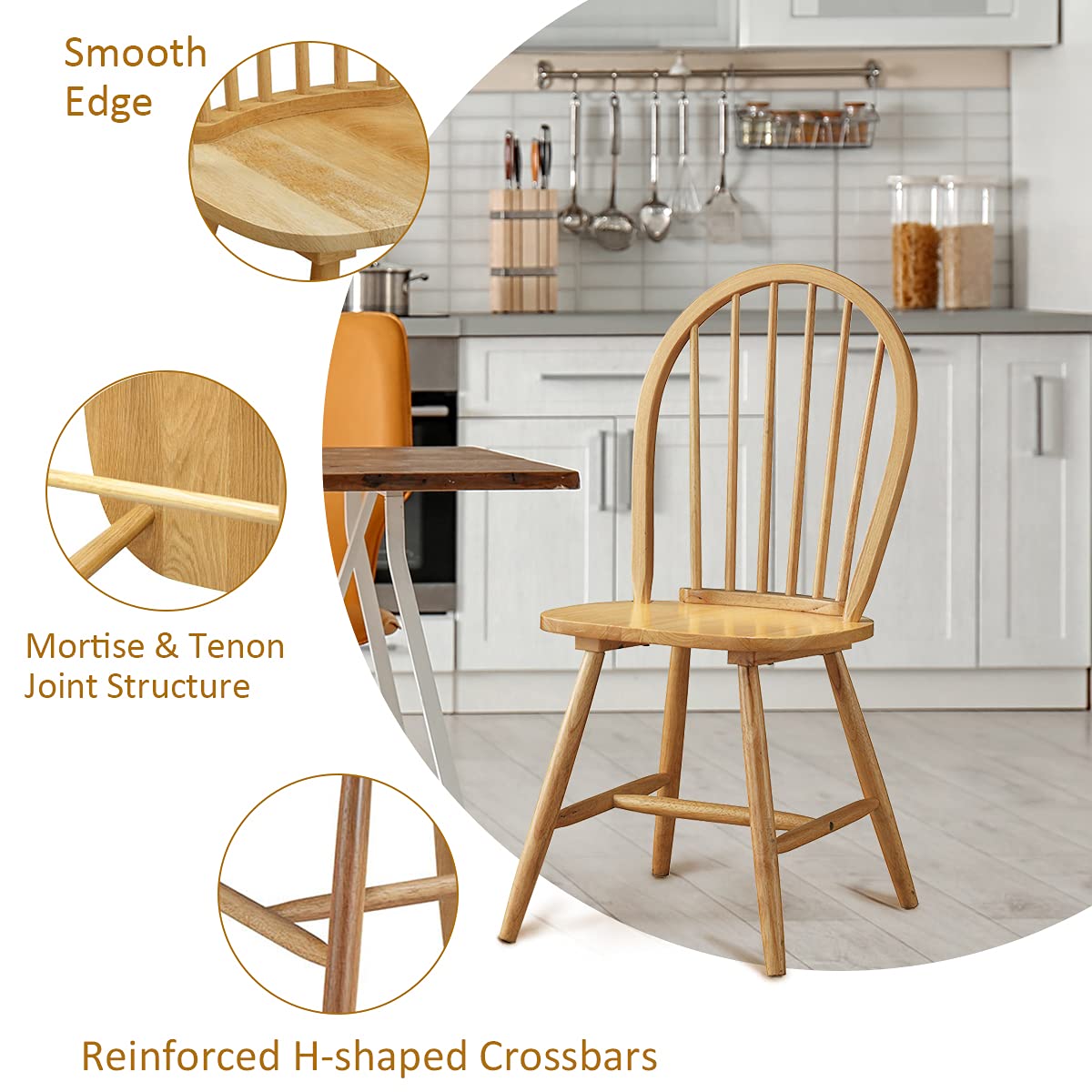 KOTEK Solid Wood Dining Chairs Set of 4 - Natural Windsor Spindle Back Chairs with Wide Seat - Farmhouse Style Side Chairs for Dining Room, Kitchen, Restaurant & Home Decor - Perfect for Family Gatherings, Dinner Parties and Country Style Interior Design