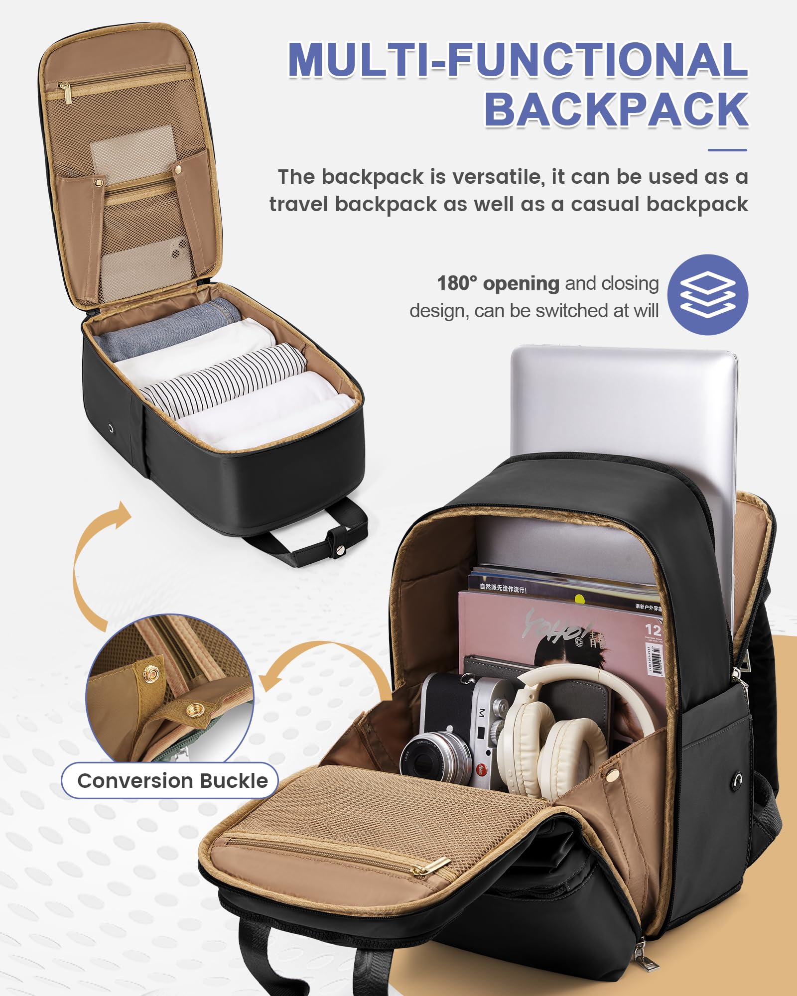 Lightweight Black Travel Backpack for Women & Men - Compact Carry-On Backpack for Airplanes, Perfect as Personal Item Bag - Ideal for Nurses, Teachers, Business Travel & Daily Commute - Durable Airplane Travel Backpack with USB Charging Port (Great for Work, School & Weekend Getaways)