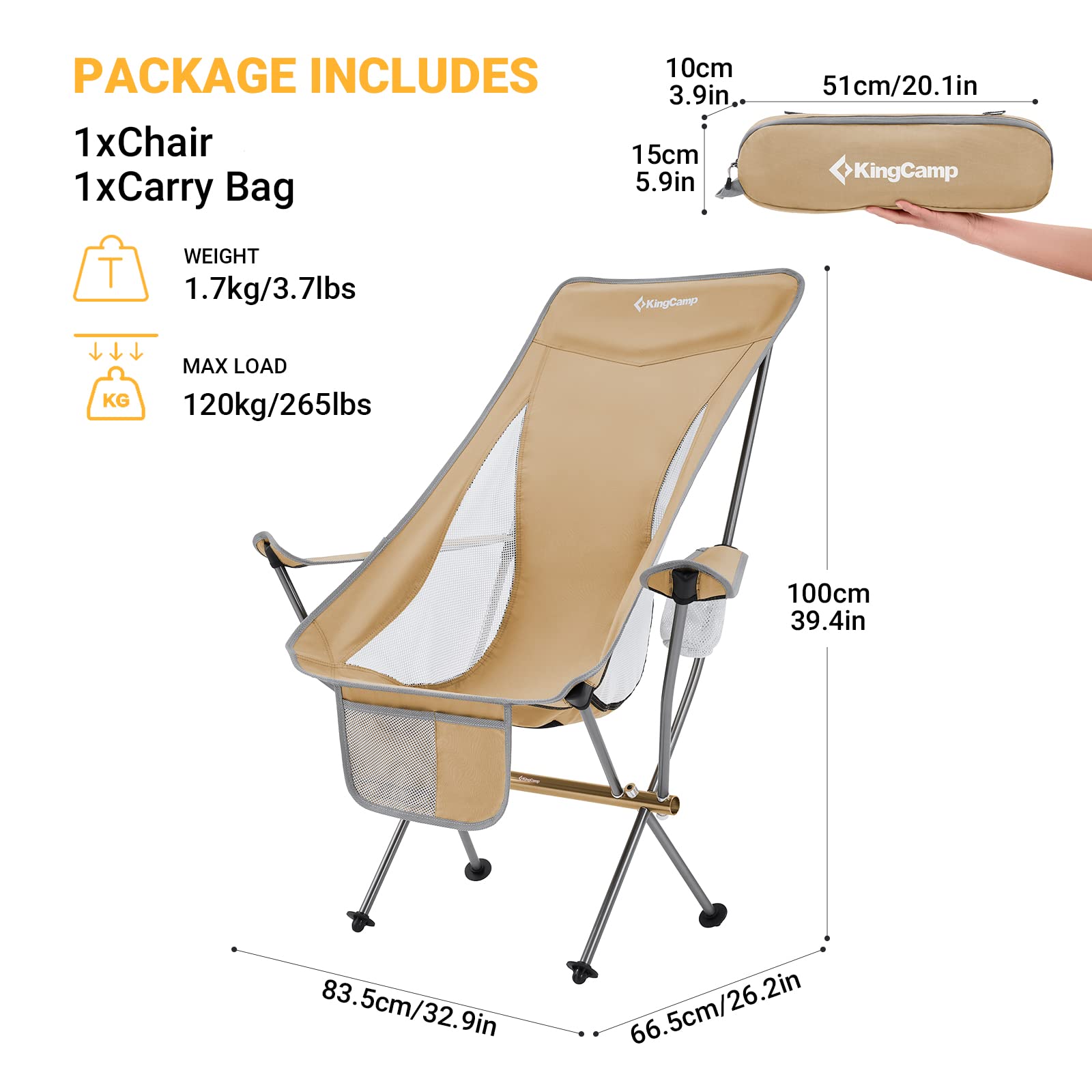 KingCamp Compact Ultralight High Back Camping Chair with Armrest - Portable Folding Chair for Adults, Heavy Duty Supports 265 lbs - Perfect for Backpacking, Travel, Hiking, Beach, Picnic, Festivals & Outdoor Adventures (Khaki)