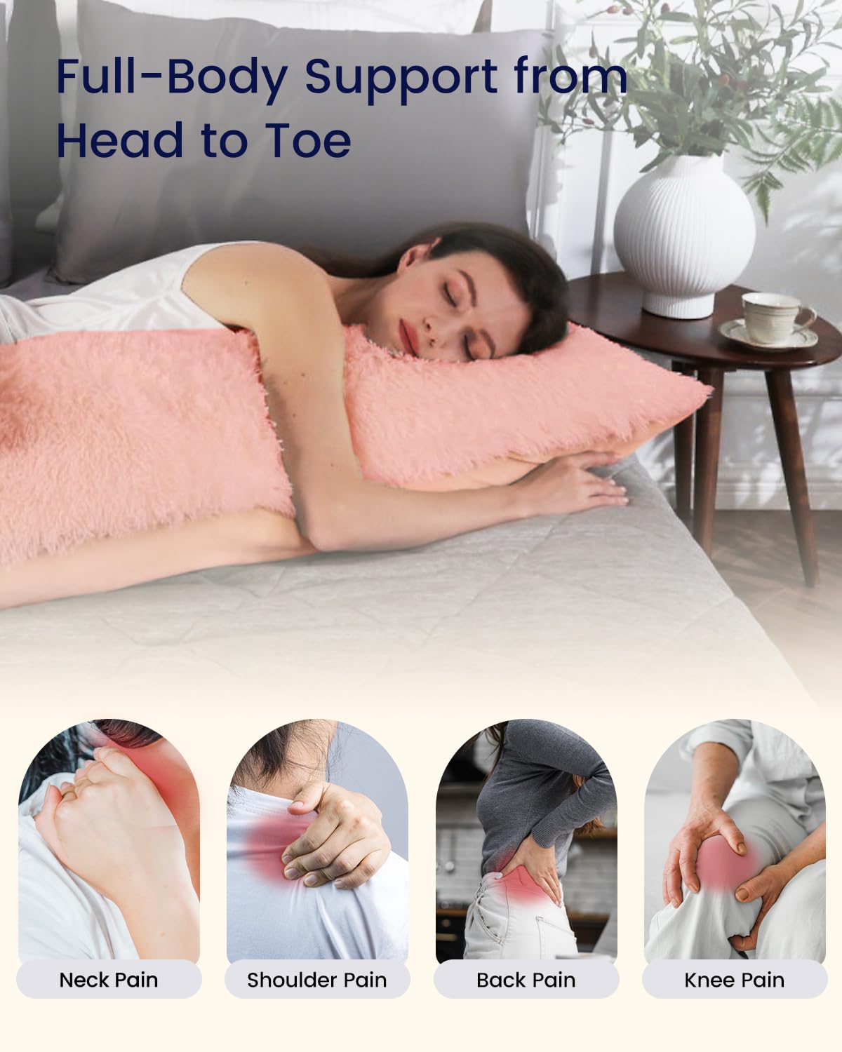 ZonLi Fluffy Full Body Pillow for Adults - Extra Long Support Pillow with Removable Washable Cover & Adjustable Filling - Ideal for Side Sleepers, Pregnancy Support, Back Pain Relief - Soft & Firm Machine Washable Pillow (Pink) - Perfect for Bed, Couch, Travel & Maternity Comfort