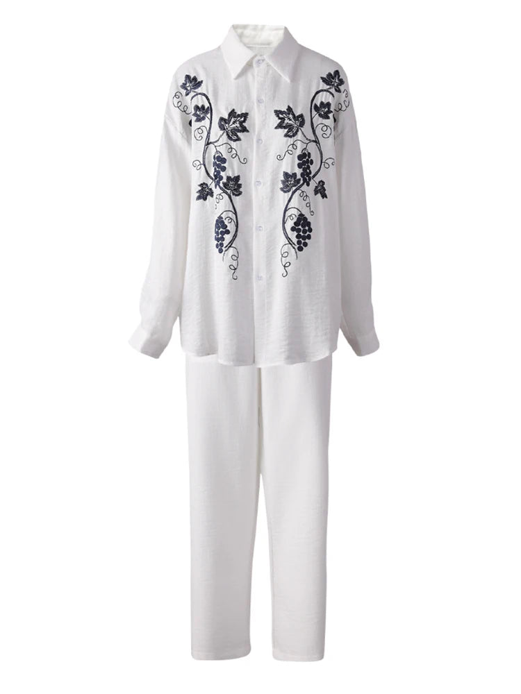 Stylish Big Size Embroidery Shirt & Wide Leg Pants 2-Piece Suit for Women | Lapel Long Sleeve Fashion Set | Trendy Spring & Autumn Outfit 2025 | Perfect for Office, Dating & Special Occasions