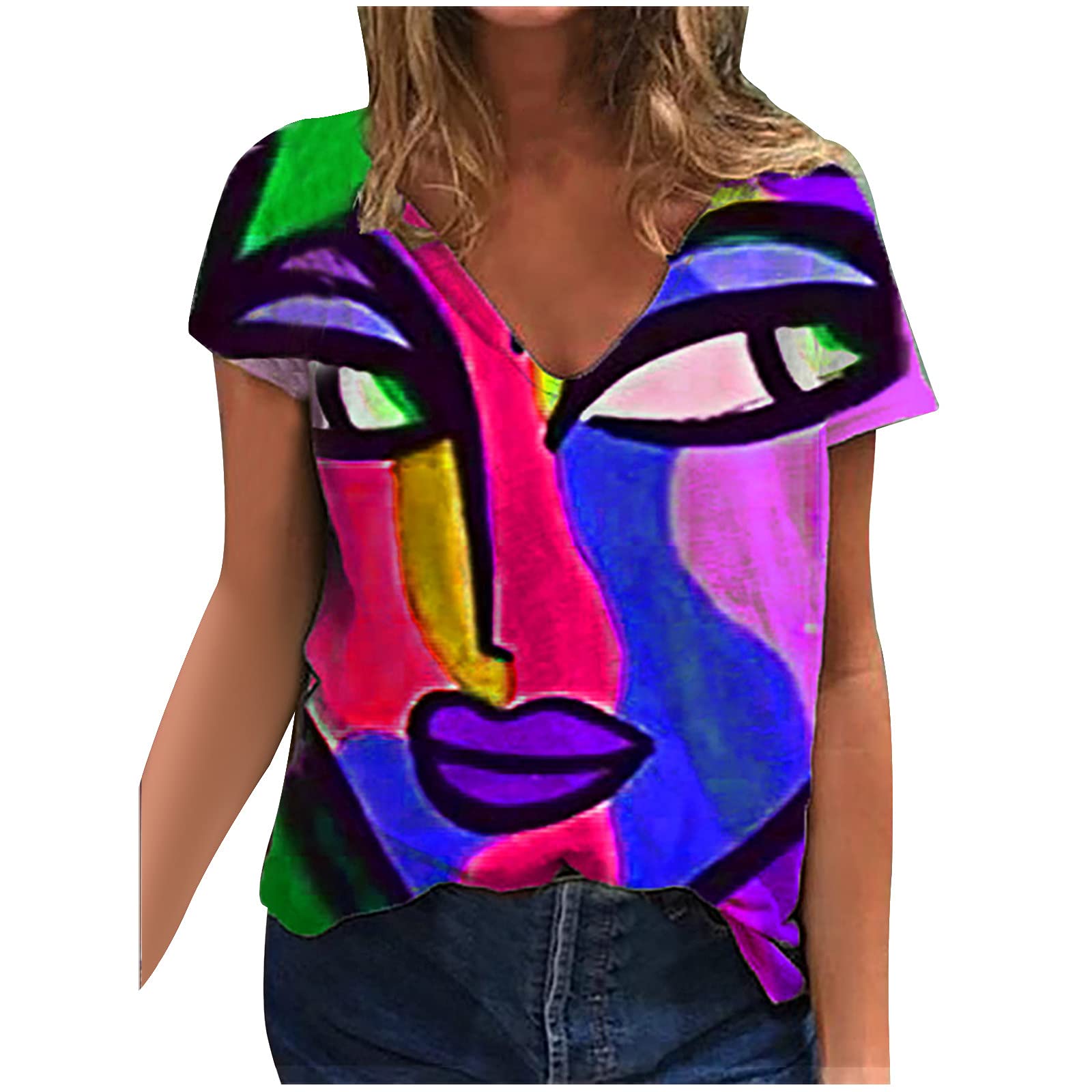 Women's Summer V-Neck T-Shirts - Digital Abstract Print Short Sleeve Loose Fit Soft Blouse | Casual Wear, Beach Outfits & Everyday Comfort