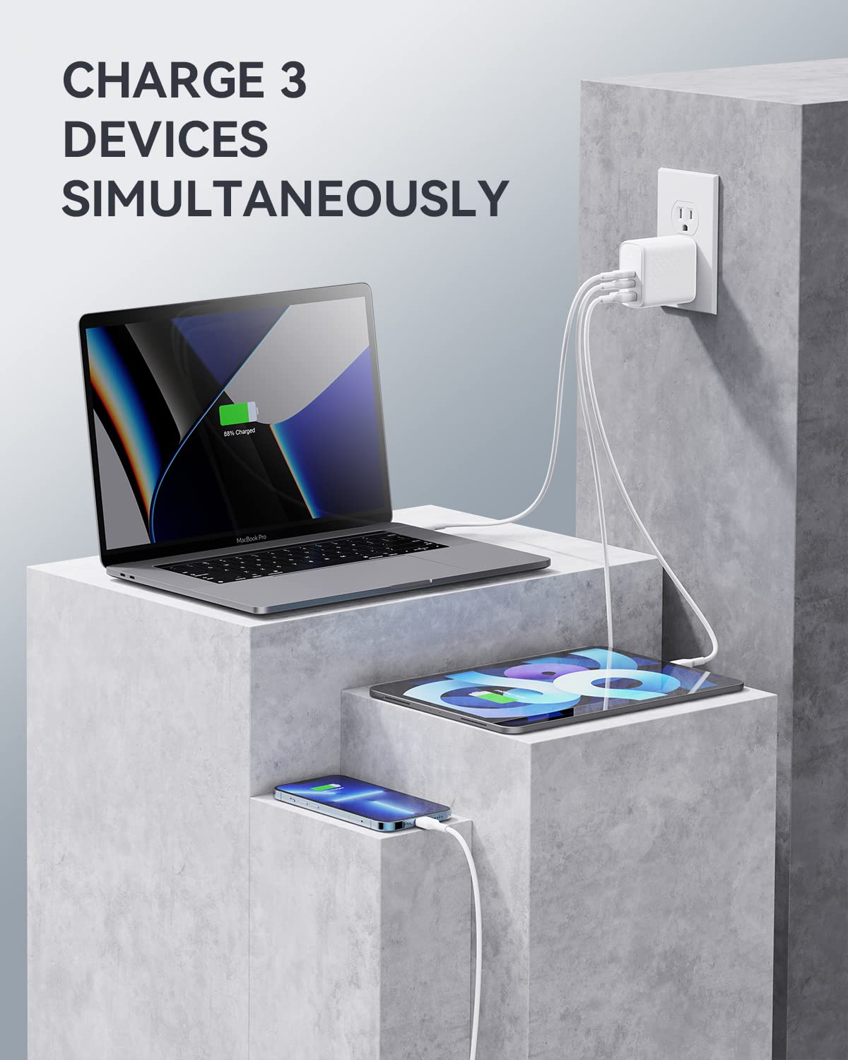 VOLTME 65W GaN III USB C Fast Charger - 3-Port PD PPS Wall Charger for MacBook Pro/Air, Dell XPS 13, iPad Pro, iPhone 16/15/14, Galaxy S24 - Compact Foldable Design for Travel, Home & Office Use