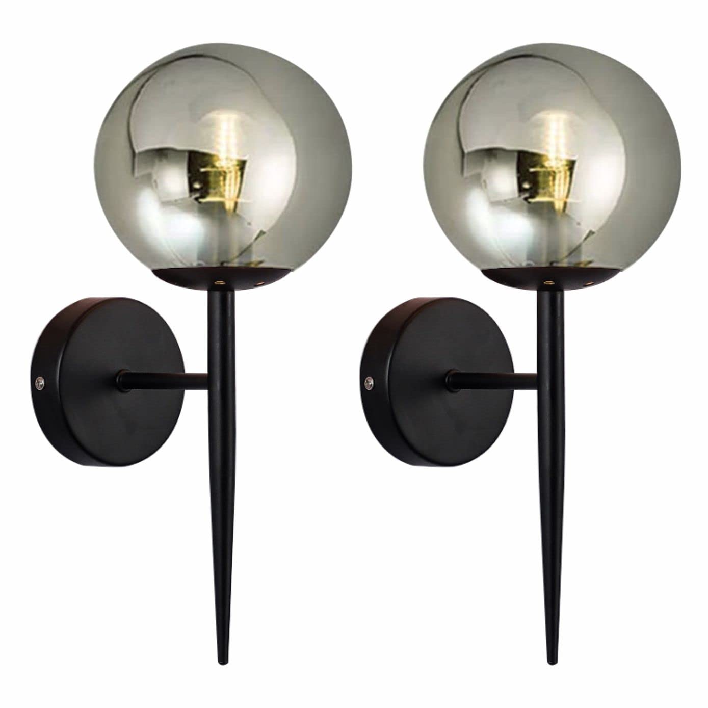 Nordic Wall Sconce with Glass Shade - Set of 2 Matte Black Wall Mount Lamps, Modern Vintage Globe Light Fixture for Dining Room, Kitchen, Hallway & Bedroom Lighting Decor