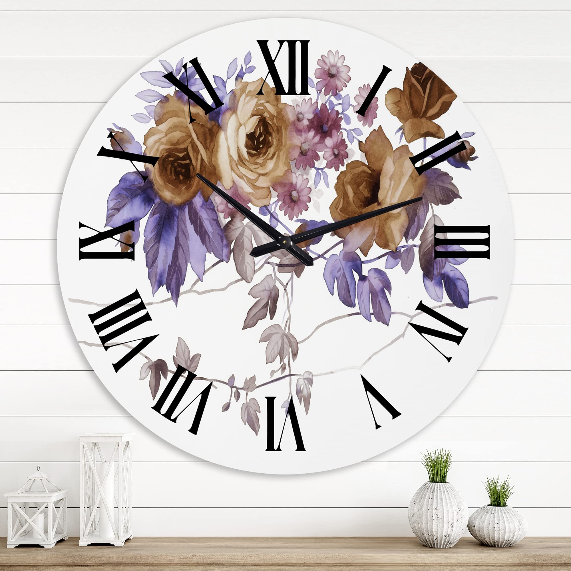 DesignQ Traditional Wall Clock 'Purple Wildflowers IV' - Large Floral & Botanical Wall Clock for Living Room, Bedroom, Office Decor | Perfect for Home, Farmhouse & Vintage Style Interior Design