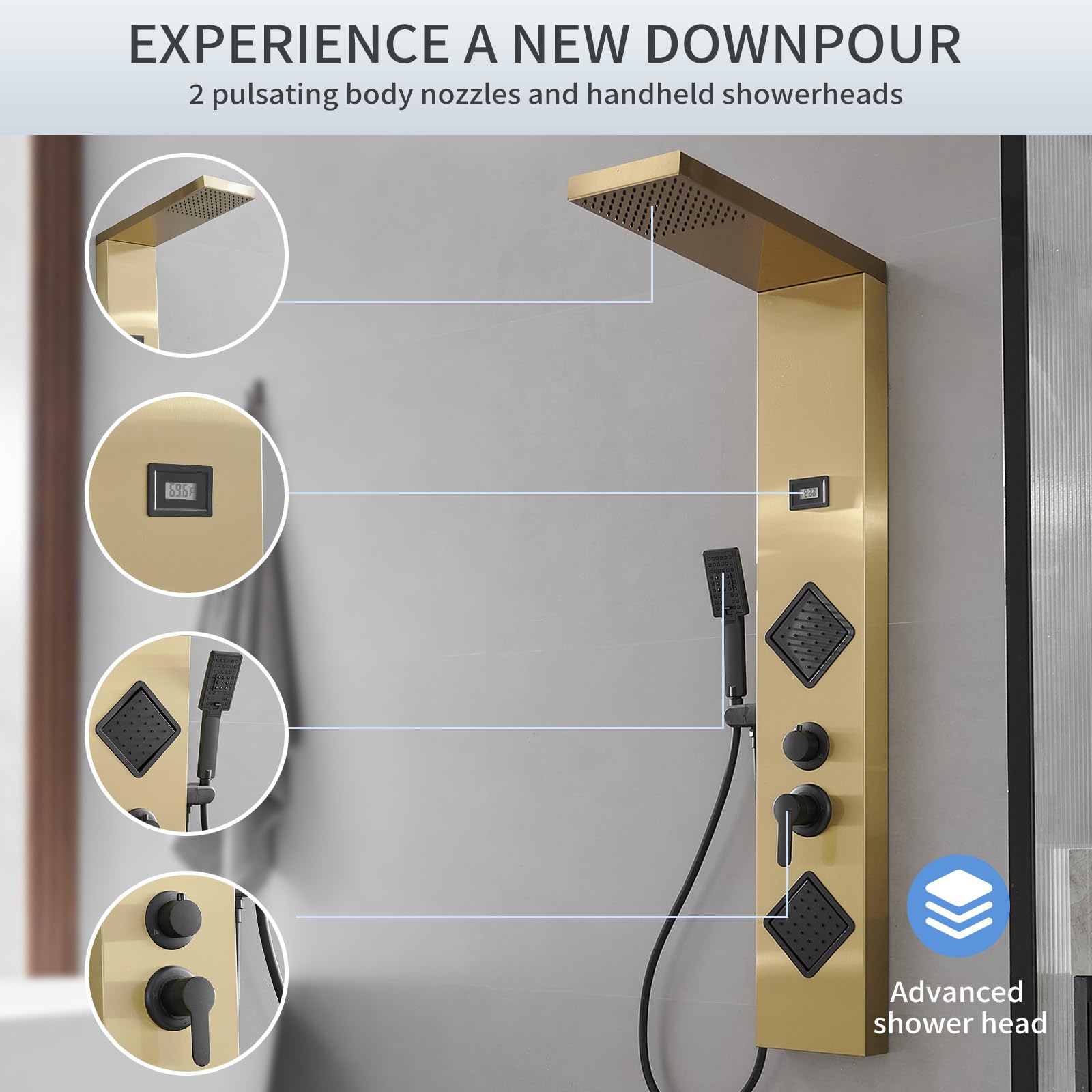 Brushed Gold Shower Panel System with Massage Body Jets - Adjustable Stainless Steel Stand Shower Column Wall Mount - Luxury Bathroom Upgrade for Spa-Like Experience