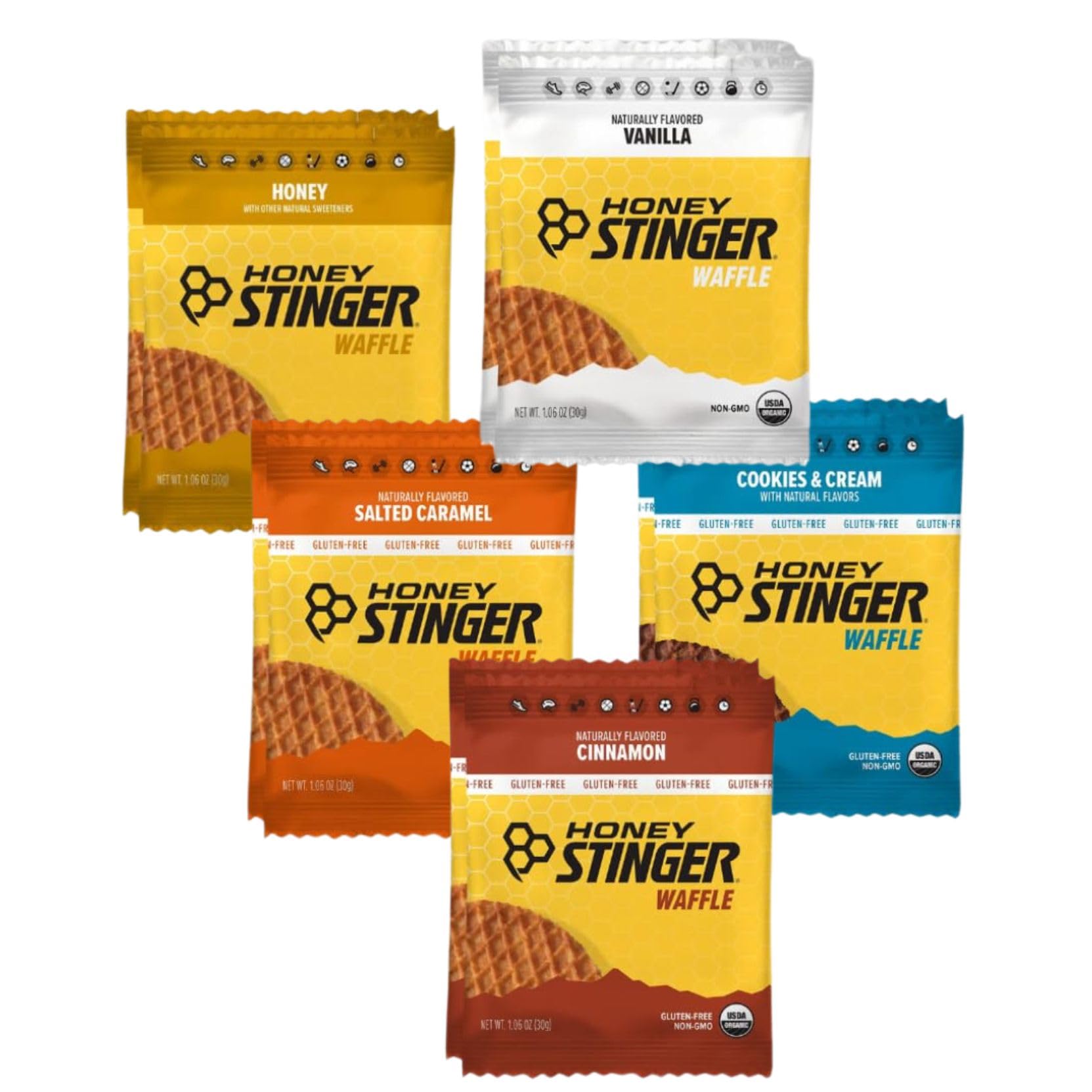 Honey Stinger Organic Waffle Variety Pack - 10 Delicious Flavors (Honey, Vanilla, Salted Caramel, Cinnamon, Cookies & Cream) - Perfect for Hiking, Cycling & Outdoor Activities Energy Snack