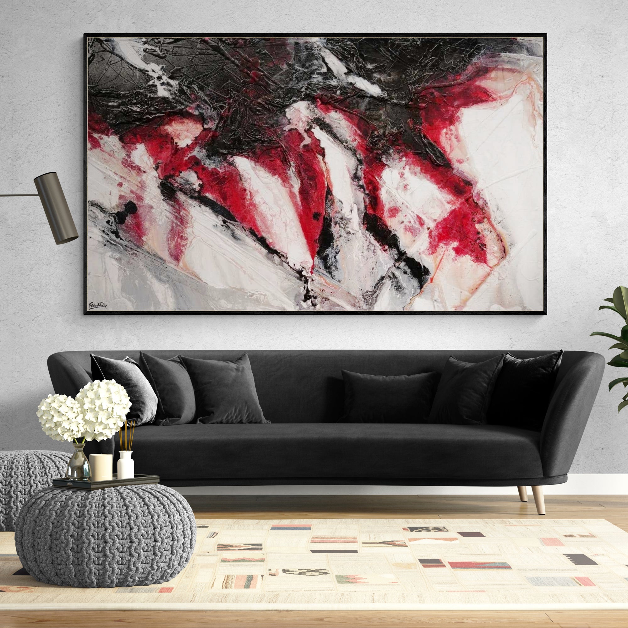 Large 200cm x 120cm Red Black White Abstract Textured Canvas Painting - Modern Wall Art for Living Room, Bedroom or Office Decor