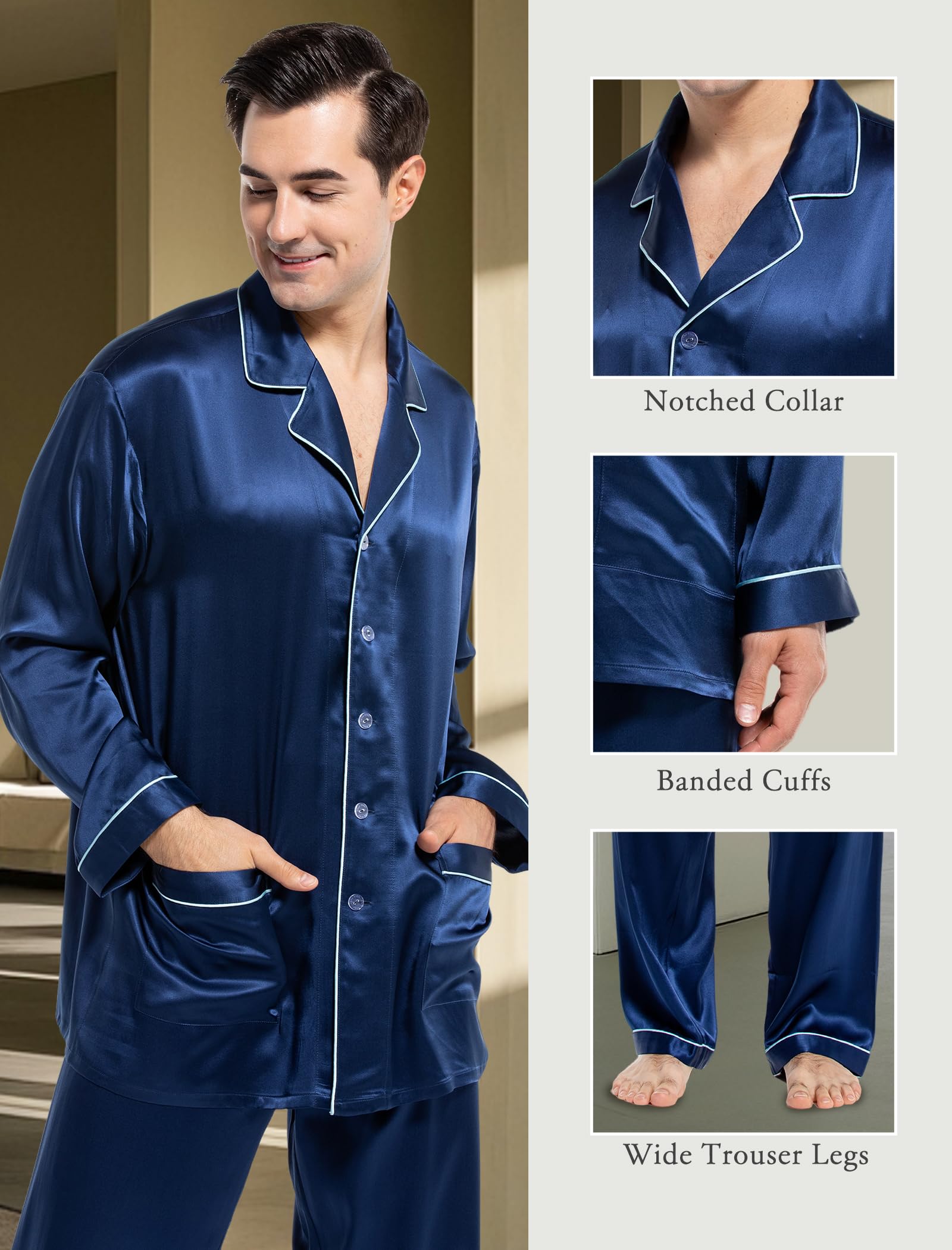 Luxury Men's Silk Pajama Set - 100% Pure Silk Long Sleeve Button Down Sleepwear for Men - Soft & Breathable 2-Piece Pajamas for Lounge, Sleep & Relaxation at Home
