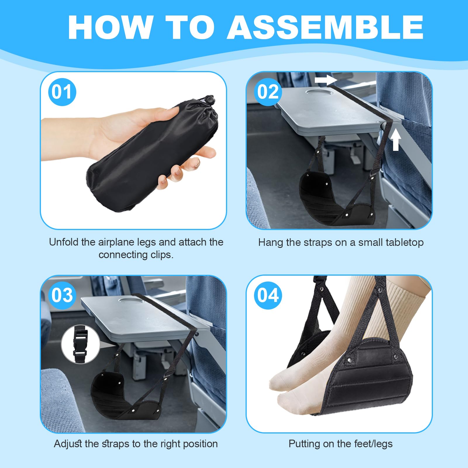 Portable Airplane Foot Rest with Memory Foam - Adjustable Travel Foot Hammock for Long Flights & Office Use - Essential Comfort Accessory for Adults on Planes, Trains & Work Desks