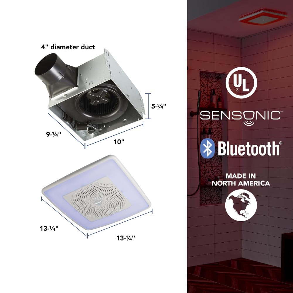 Broan-NuTone SPK110RGBL ChromaComfort Bathroom Exhaust Fan with Bluetooth Speaker & 24-Color LED Light - 110CFM, 1.5 Sones, White - Perfect for Modern Bathrooms, Home Gym Ventilation & Spa-Like Relaxation