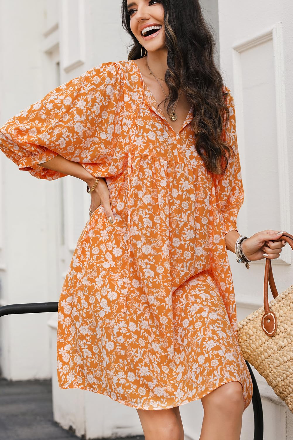 Dokotoo Women's Summer Dresses 2025 - Boho Floral Print Chiffon Mini Dress with V Neck & Lantern Sleeves | Beach Vacation Sundress, Casual Outfit for Pool Party & Summer Travel