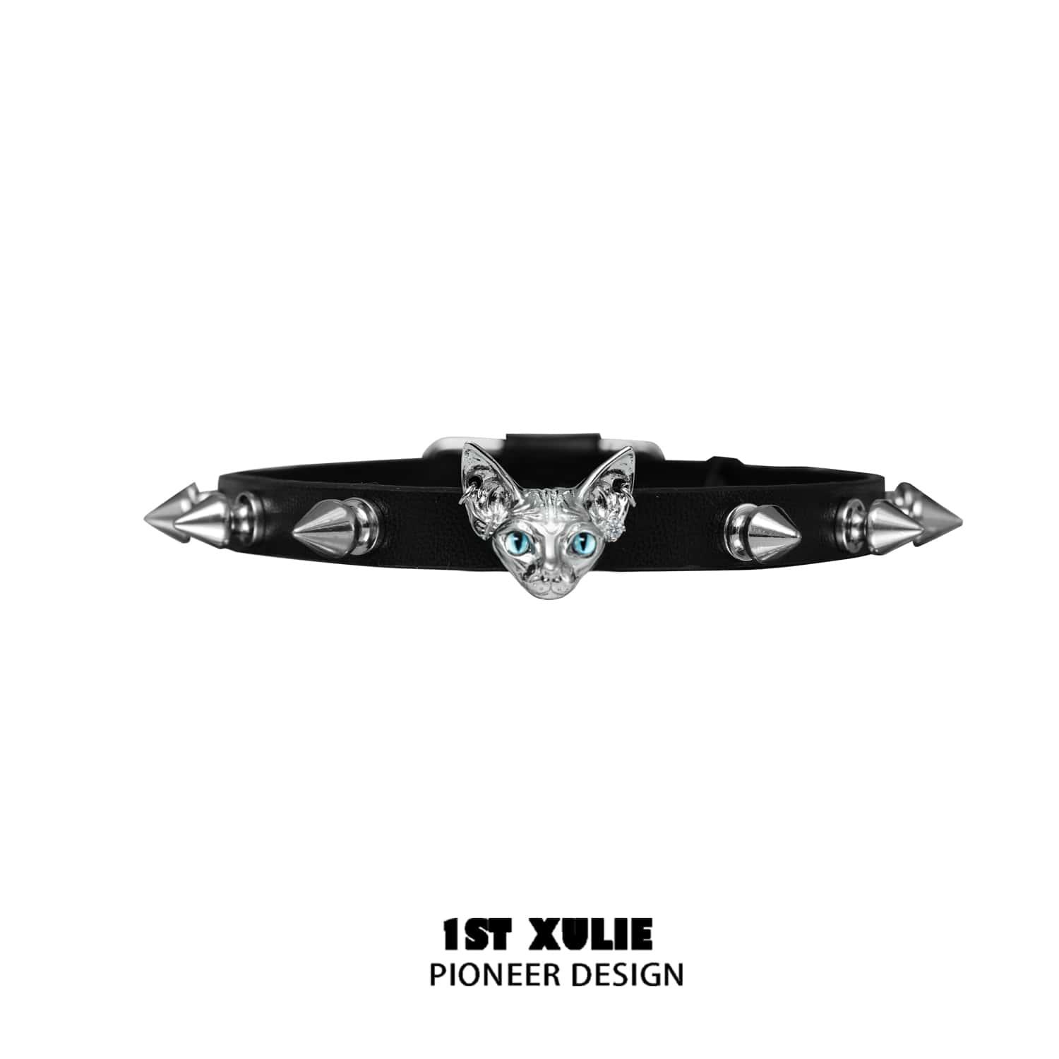 Stylish Cowhide Studded Choker for Women - Gothic Cat Eye Design Leather Necklace - Perfect for Halloween, Cosplay & Punk Fashion Accessories