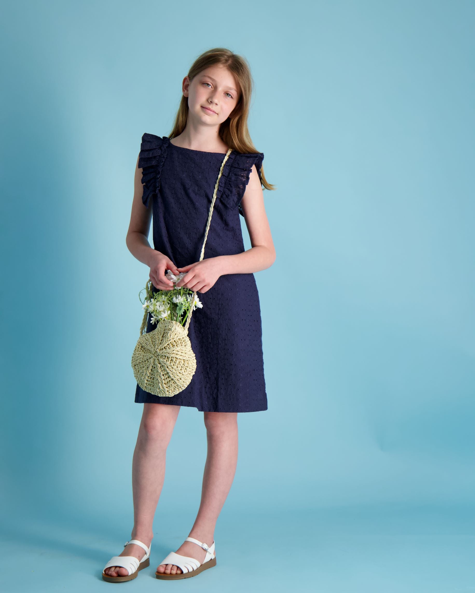 Grace Ruffle Sleeve Shift Dress - Navy Blue Eyelet Lace Summer Dress for Women, Perfect for Beach Vacations, Garden Parties & Casual Outings
