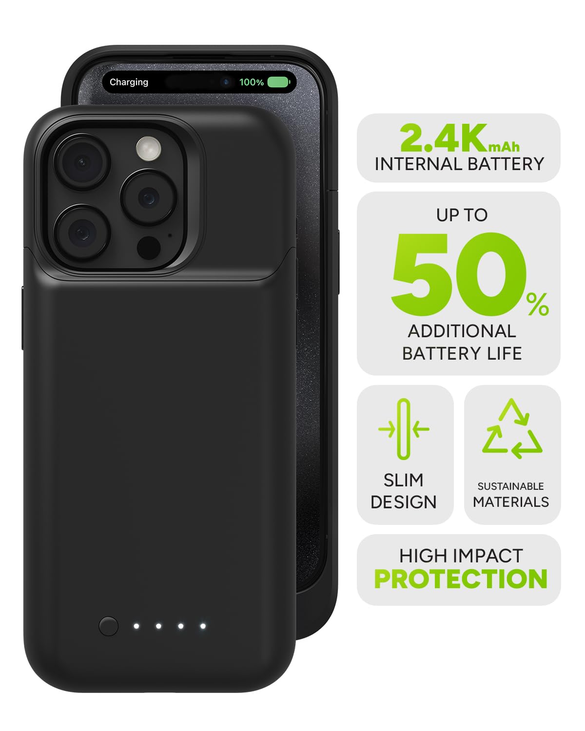 Mophie Juice Pack iPhone 15 Pro Battery Case - 50% Extra Battery Life | 6ft Drop Protection | Eco-Friendly Design (Black) - Perfect for Travel, Outdoor Adventures & Daily Commute