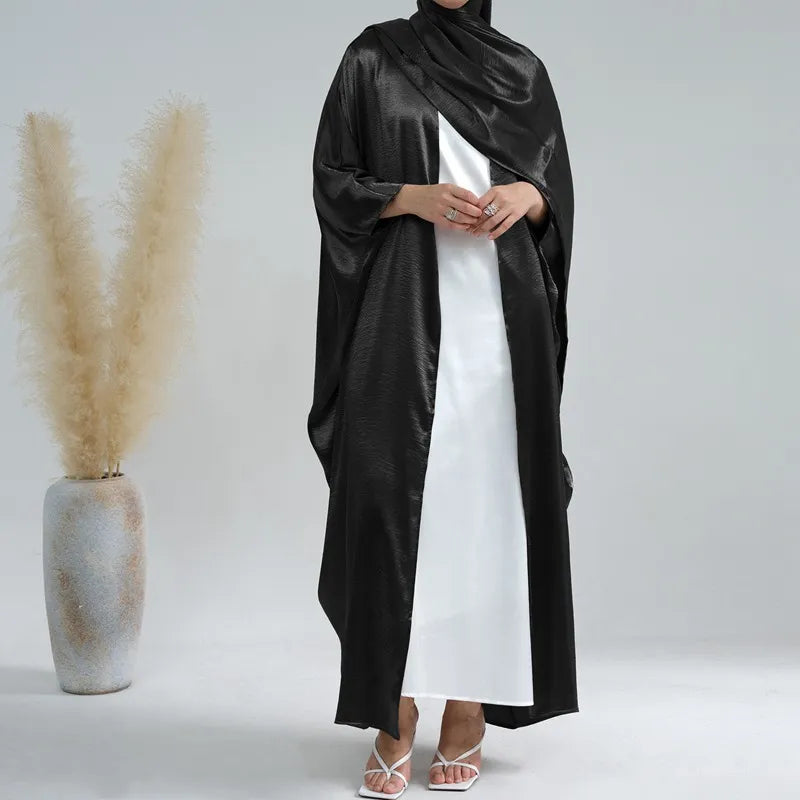 Stylish Batwing Sleeve Open Front Cardigan Abaya Dress with Matching Hijab Scarf - Perfect for Prayer, Modest Fashion, and Special Occasions