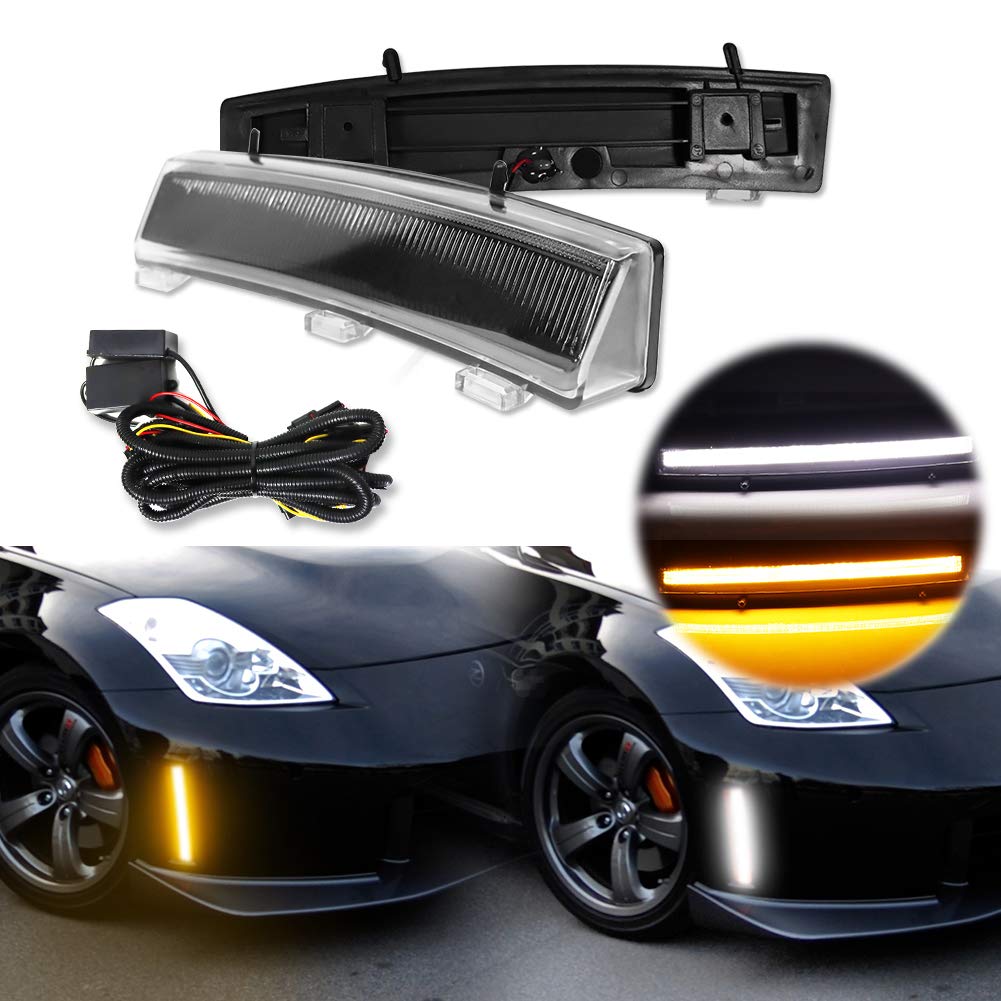 2006-2009 Nissan 350Z LED Side Marker DRL Assembly - White/Amber Switchback Daytime Running Lights & Turn Signals - Front Bumper Reflector Upgrade for Enhanced Visibility & Style