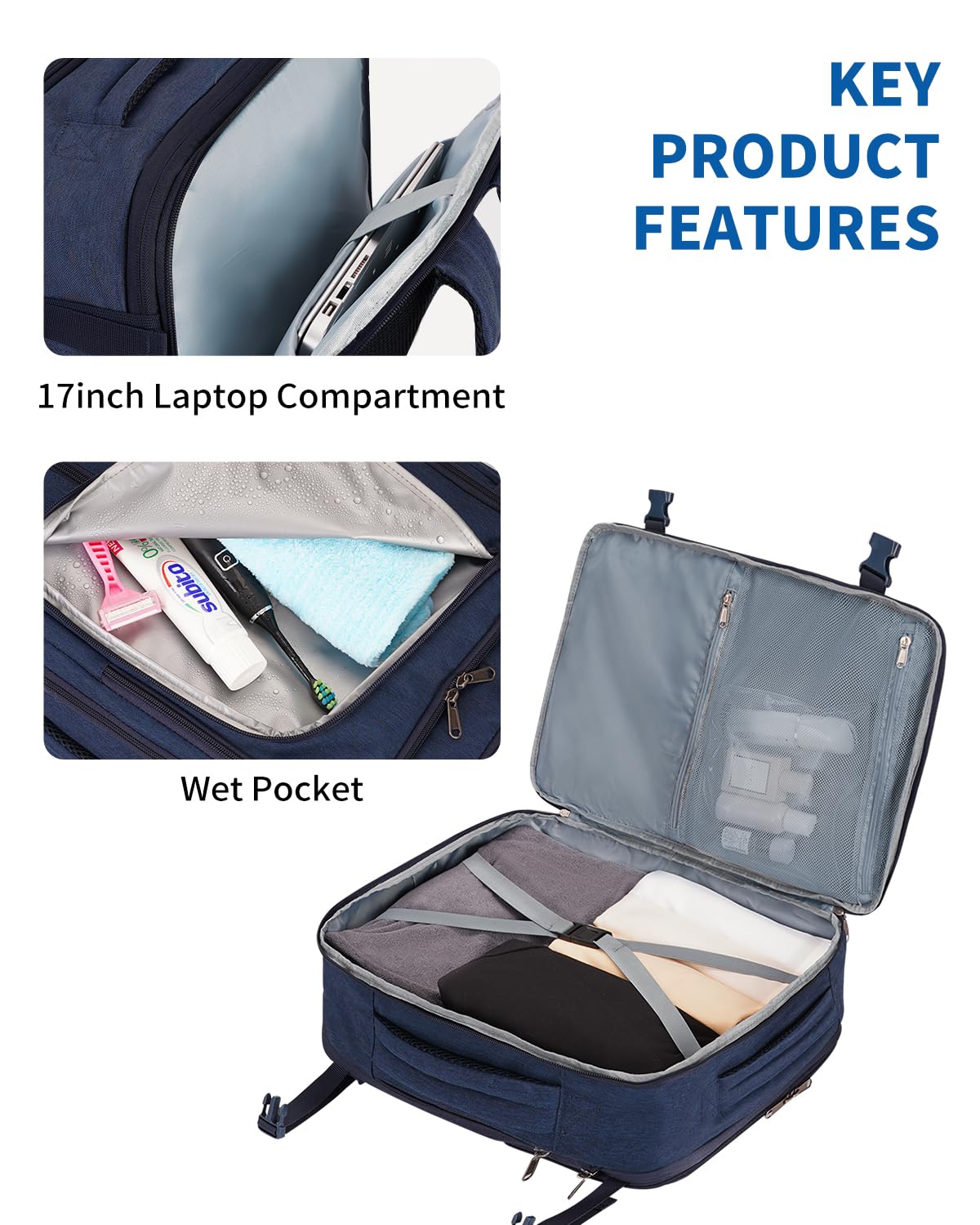 WANDF Expandable 17 Inch Laptop Backpack - Airline Approved Carry-On Bag 18x14x8 with Water-Resistant Pocket for Men & Women (Navy Blue) - Perfect for Travel, Work & School