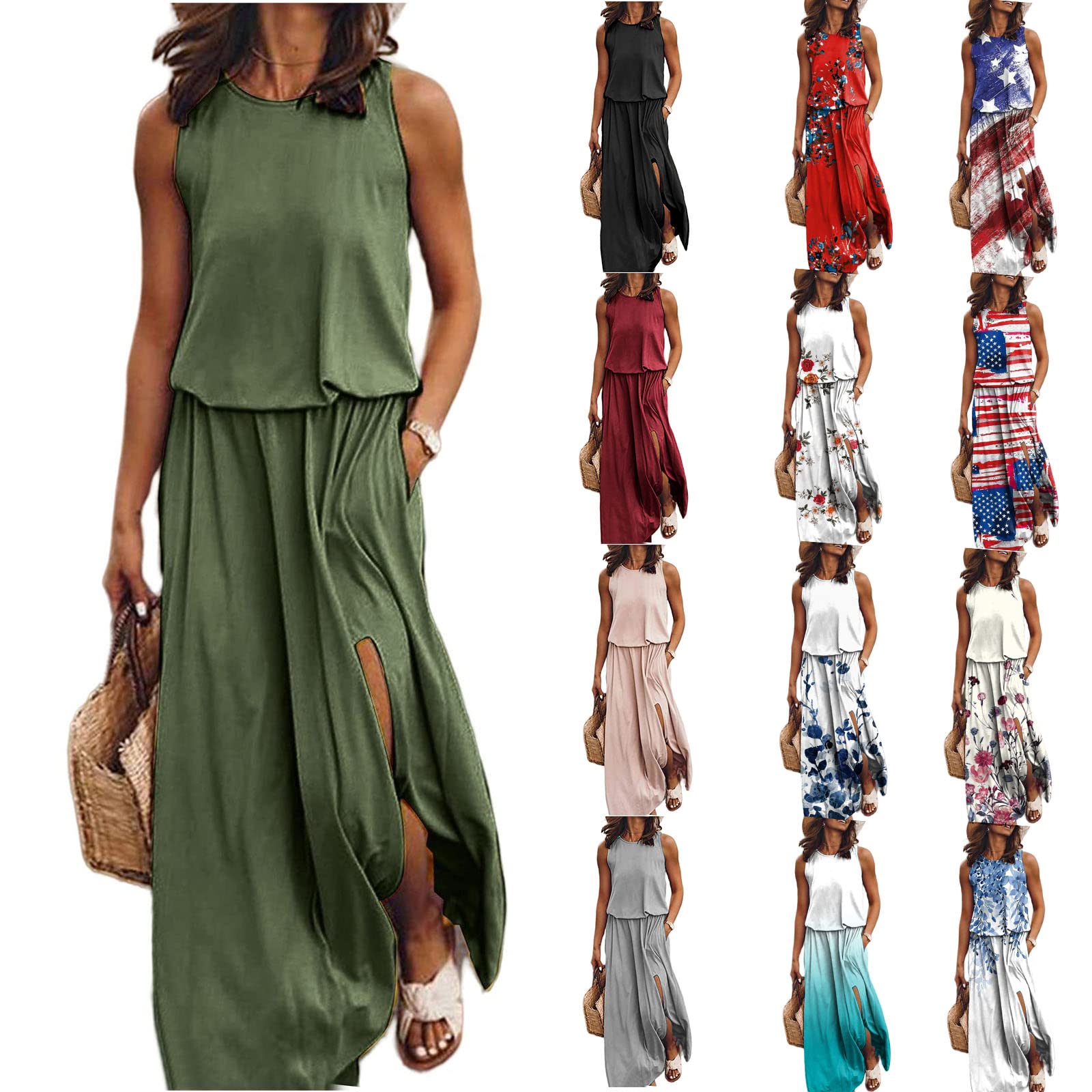 Women's Fake Two-Piece Maxi Dress - Round Neck Solid/Gradient/Printed Tank Dress with Slit | Casual Summer Beachwear, Boho Chic Outfit for Vacations & Outdoor Events (Army Green)