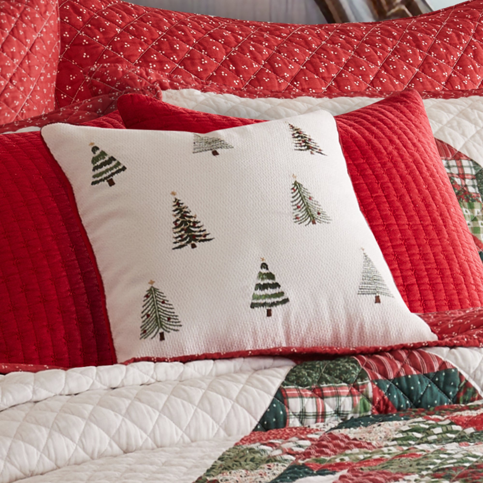 Handmade Patchwork Pine Tree Embroidered Throw Pillow Cover - Boho Farmhouse Decor for Living Room, Bedroom, or Nursery