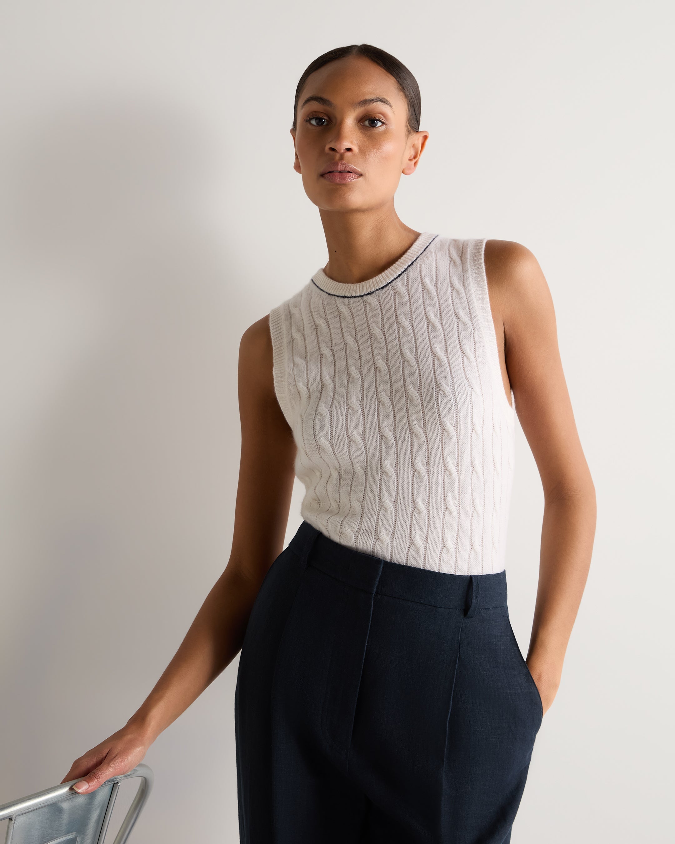 Women's Ophelia Cable Knit Cashmere Tank Top - Soft & Luxurious Ivory White - Perfect for Layering, Office Wear & Casual Outfits