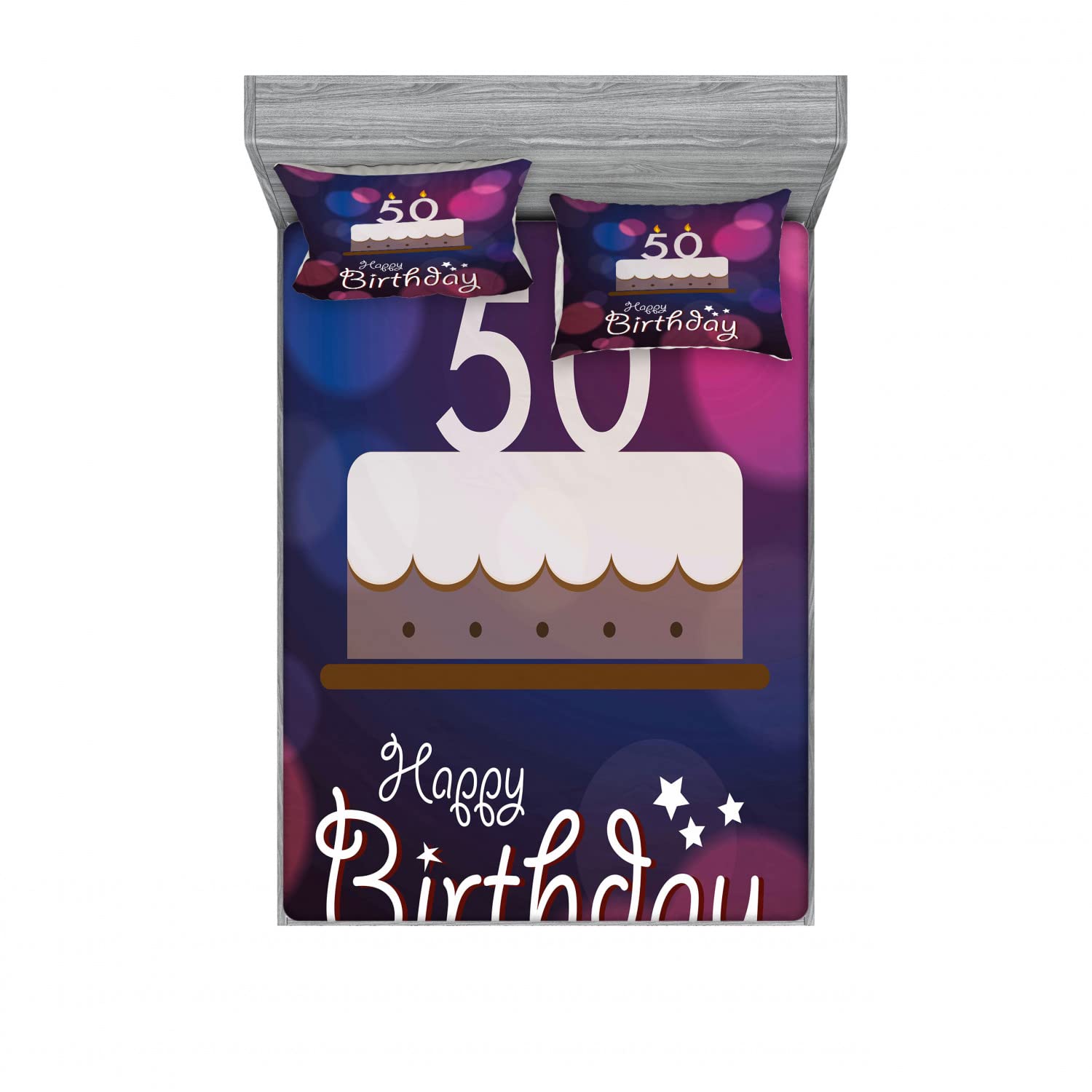 Ambesonne 50th Birthday 2-Pack Queen Size Fitted Sheet Set with 4 Pillow Shams - Blue Pink White Cake & Candles Themed Bedding Decor for Anniversary Celebrations, Guest Rooms & Special Occasions