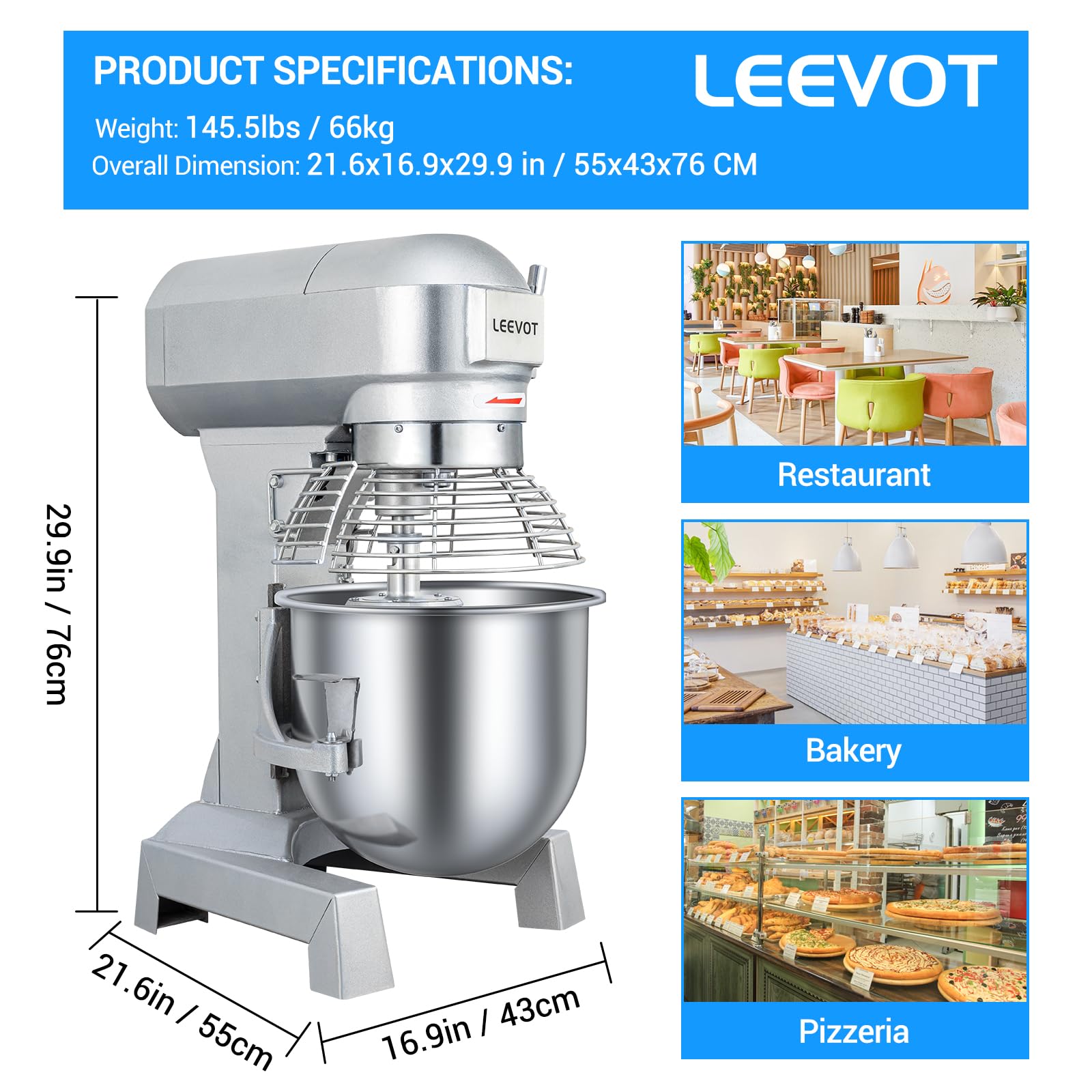 20Qt Commercial Food Mixer - 1100W Heavy Duty Electric Stand Mixer with 3-Speed Adjustable & Stainless Steel Bowl - Perfect for Bakeries, Pizzerias, and Home Kitchens (Compatible with Kitchenaid) - Ideal for Dough Kneading, Cake Mixing, and Food Preparation