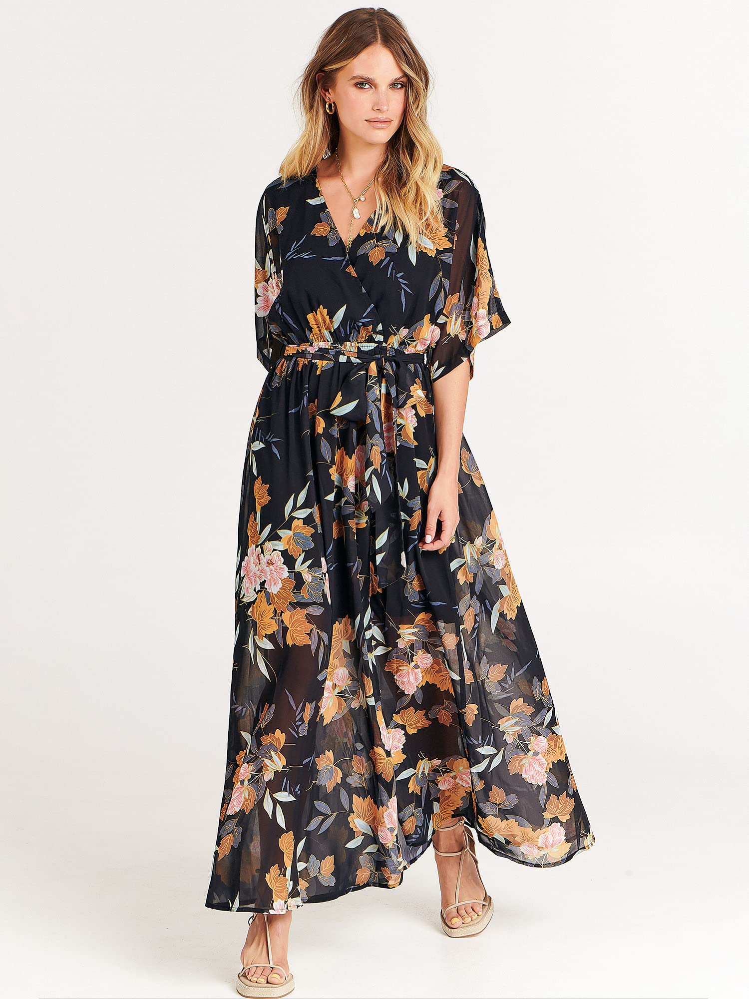 ANRABESS Women's Floral Print Boho Maxi Dress - Loose Wrap V-Neck 3/4 Sleeve Beach Wedding Guest Long Dress for Summer 2024 | Perfect for Vacations, Parties & Casual Outings