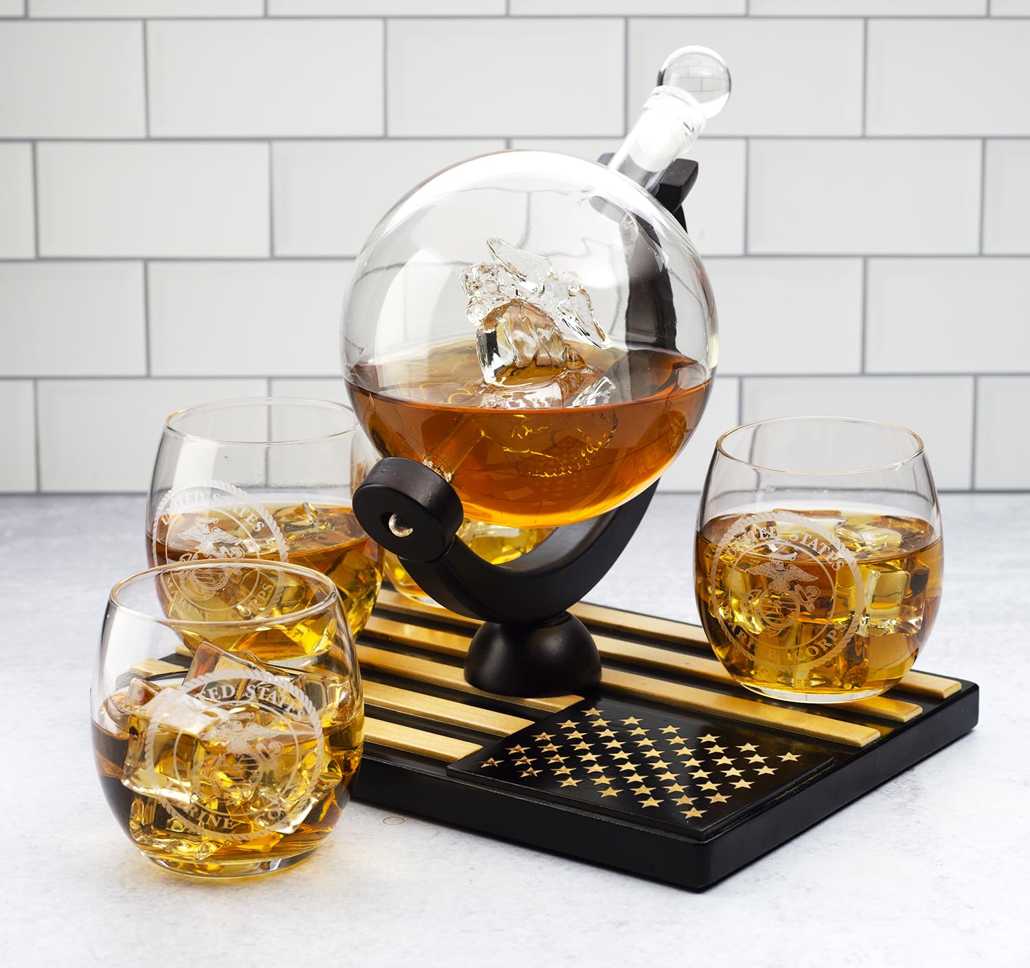 Premium U.S. Marine Globe Whiskey Decanter Set with 4 Crystal Glasses - Wooden American Flag Base - Navy Veteran Gift for Men, Dad & Military Fathers - Bourbon & Scotch Decanter Gift Set - Perfect for Home Bars, Man Caves & Patriotic Celebrations