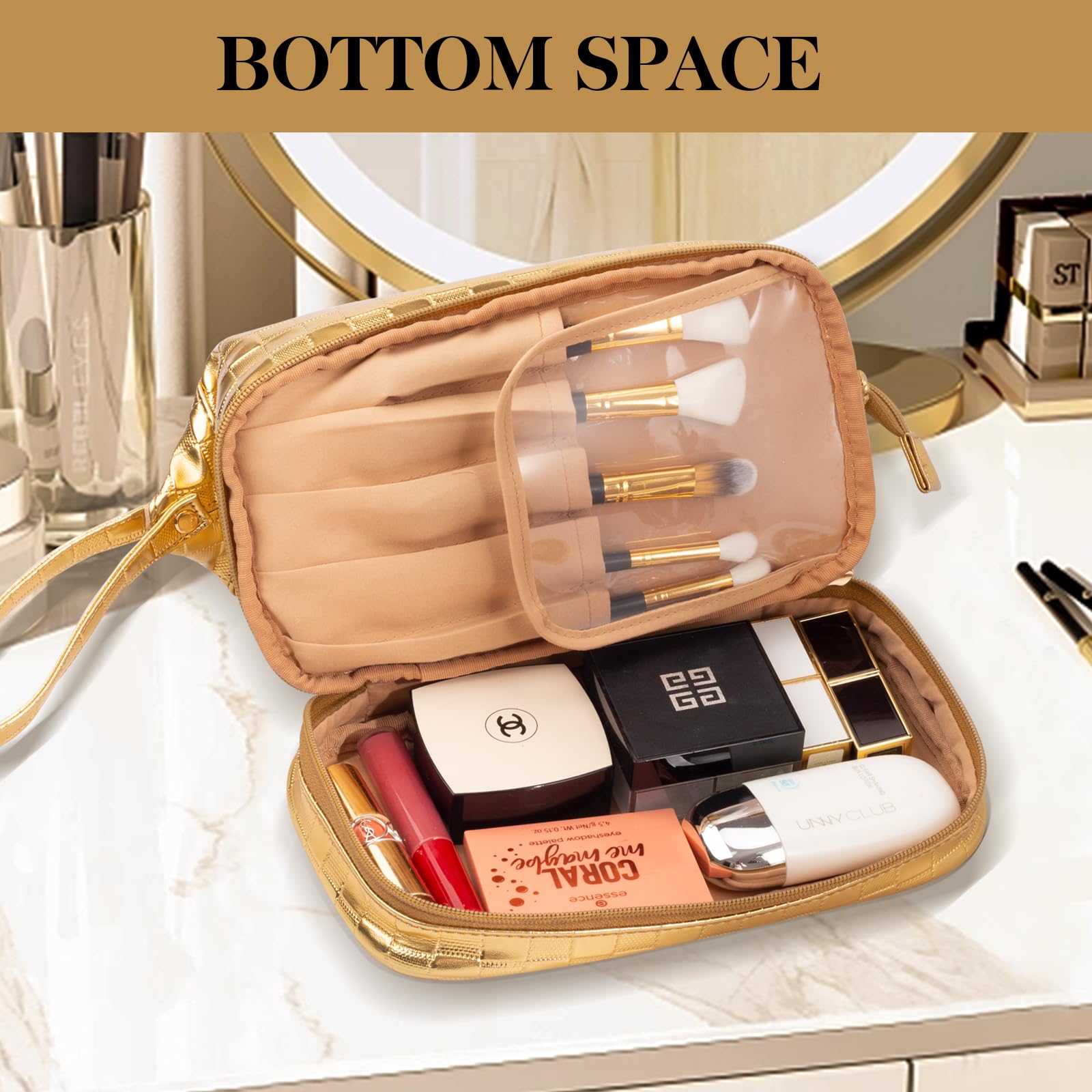 Abiudeng Large Waterproof Makeup Bag - Cute Travel Cosmetic Organizer with Bottom Pouch for Women | Perfect for Travel, Gym & Daily Essentials