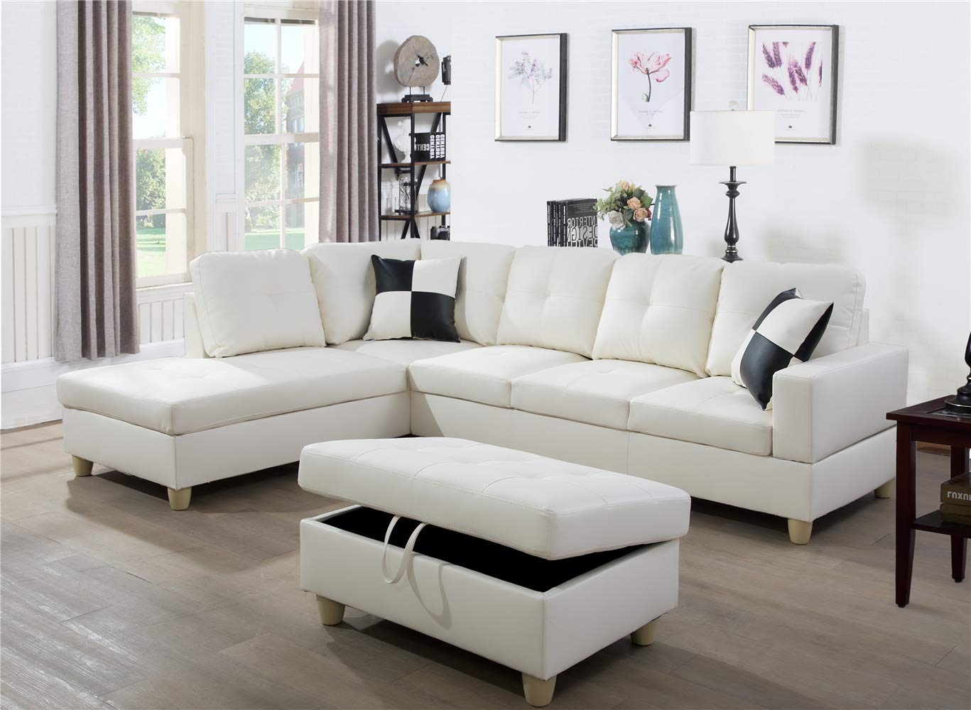 Ainehome 3-Piece L-Shaped Sectional Sofa Set with Storage Ottoman & Matching Pillows - Cream White, Left-Hand Facing - Modern Living Room Furniture for Small Spaces, Apartments & Home Theater Seating