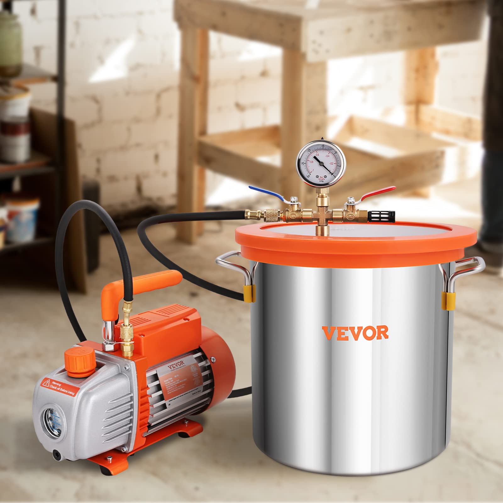 VEVOR 5 Gallon Vacuum Chamber Kit with 3.5 CFM Pump & Tempered Glass Lid - Includes 250ml Oil Bottle for Wood Stabilization, Silicone & Epoxy Degassing - Perfect for Resin Casting, Woodworking & DIY Projects