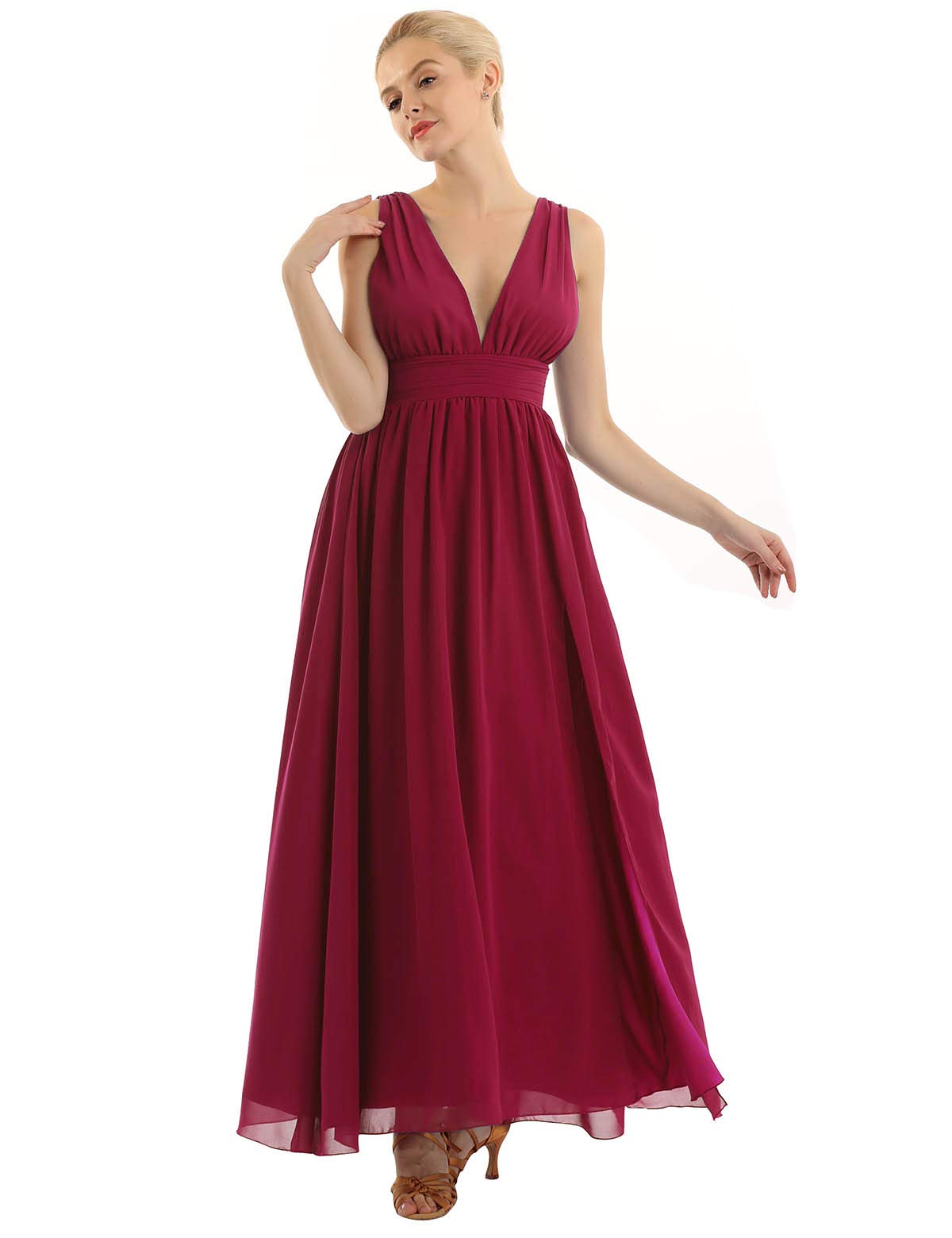 Elegant Women's Double V-Neck Chiffon Bridesmaid Dress with High Slit - Perfect for Weddings, Evening Parties & Formal Events