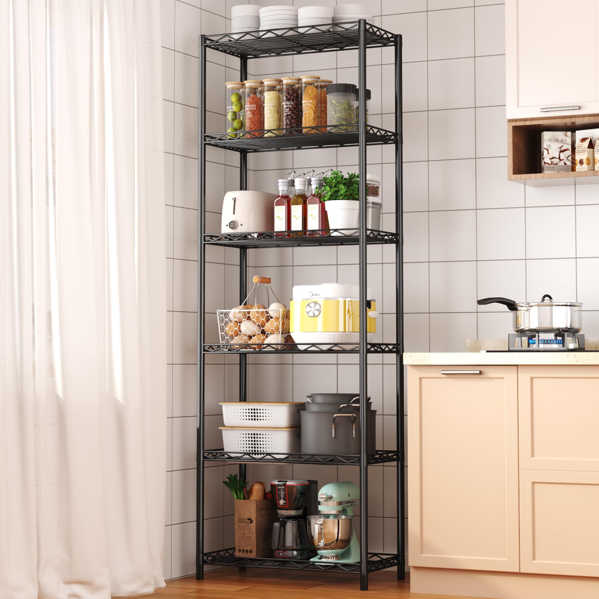 HOMEFORT 6-Tier Heavy Duty Wire Shelving Unit - 6 Shelf Metal Storage Rack for Pantry, Closet, Kitchen & Laundry Organization - Durable Space Saving Organizer (Black) - Ideal for Home Storage, Garage Shelving & Commercial Use