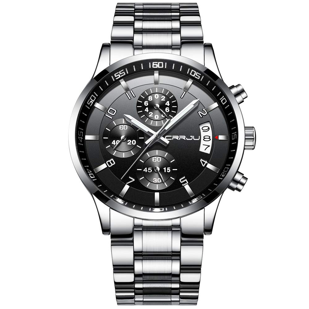 CRRJU Men's Stainless Steel Chronograph Watch with Date Display - Waterproof Fashion Wristwatch for Business, Casual & Outdoor Activities