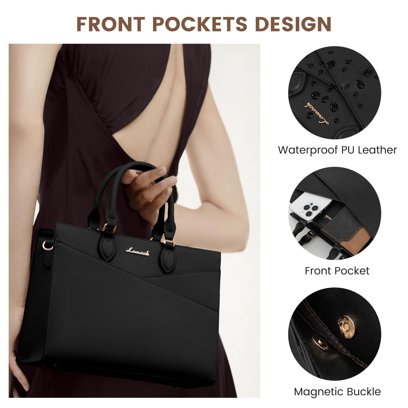 LOVEVOOK Women's Leather Satchel Handbag - Black PU Leather Tote Shoulder Bag with Zipper, Crossbody & Top Handle Purse for Work, Travel & Everyday Use