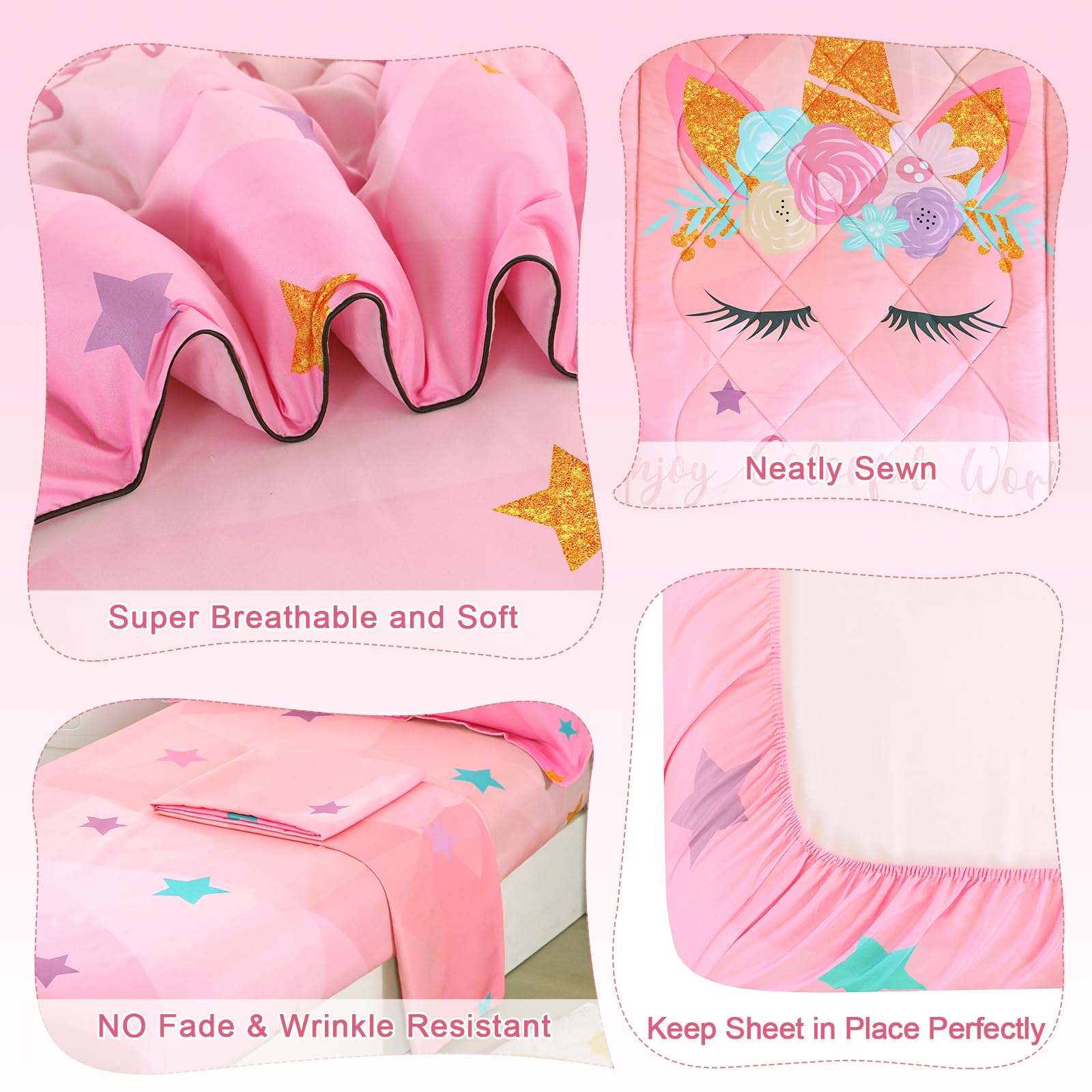 Wowelife Pink Unicorn Toddler Bedding Set - Soft Breathable 4-Piece Comforter Set with Rainbow Design for Kids Bedroom | Includes Comforter, Fitted Sheet, Flat Sheet & Pillowcase | Perfect for Nursery, Daycare or Gift
