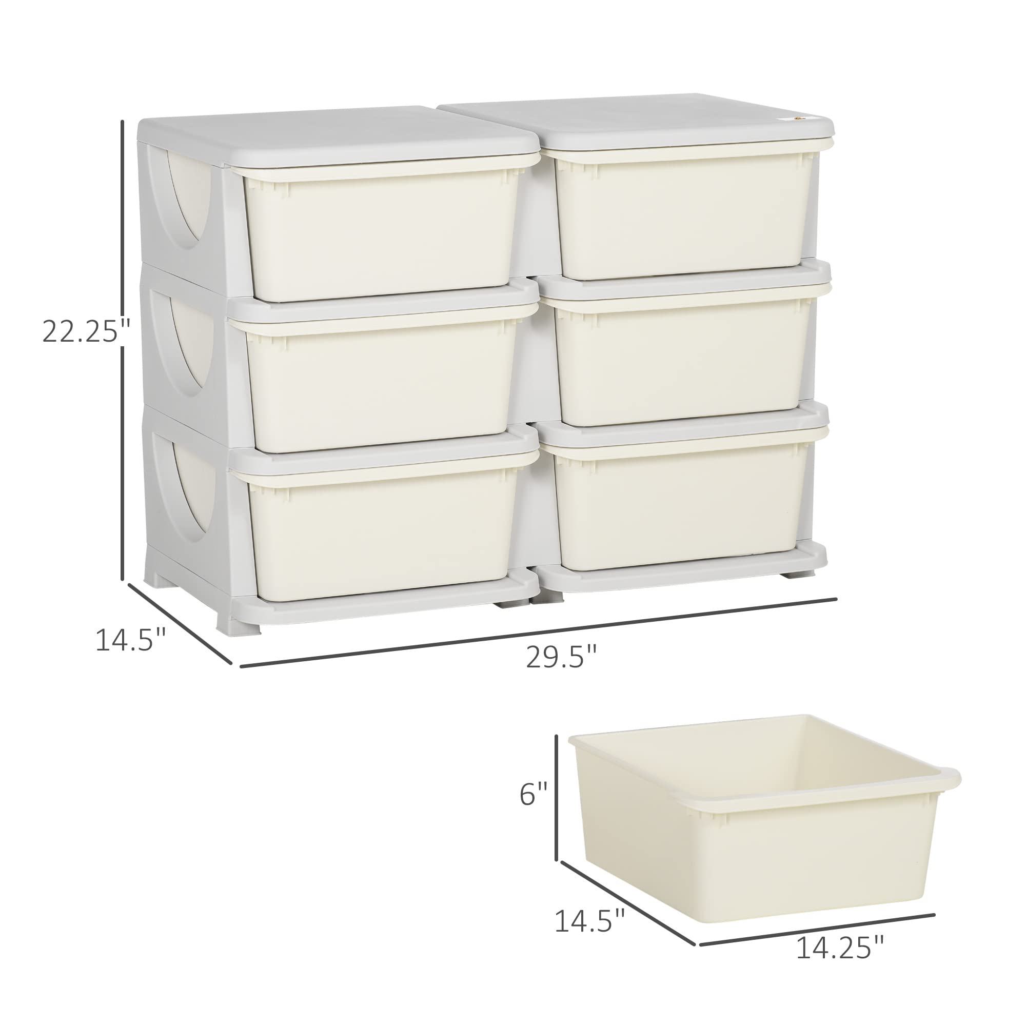 Qaba 3-Tier Kids Storage Unit with 6 Drawers - Toy Organizer with Plastic Bins for Nursery, Bedroom & Playroom - Space-Saving Kids Furniture for Boys & Girls (Cream) | Perfect for Organizing Toys, Books & Clothes in Toddler Rooms & Kindergarten Classrooms