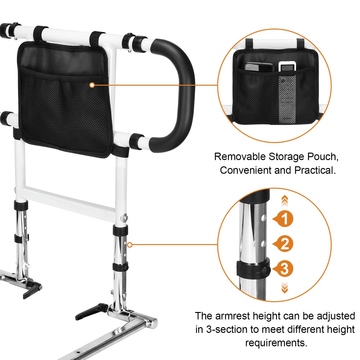 Foldable Retractable Bed Assist Rail for Elderly - Adjustable Height Safety Rail with Dual Grab Bars & Storage Pocket - Fits Medical, Queen & Twin Beds - Ideal for Home Care & Senior Safety