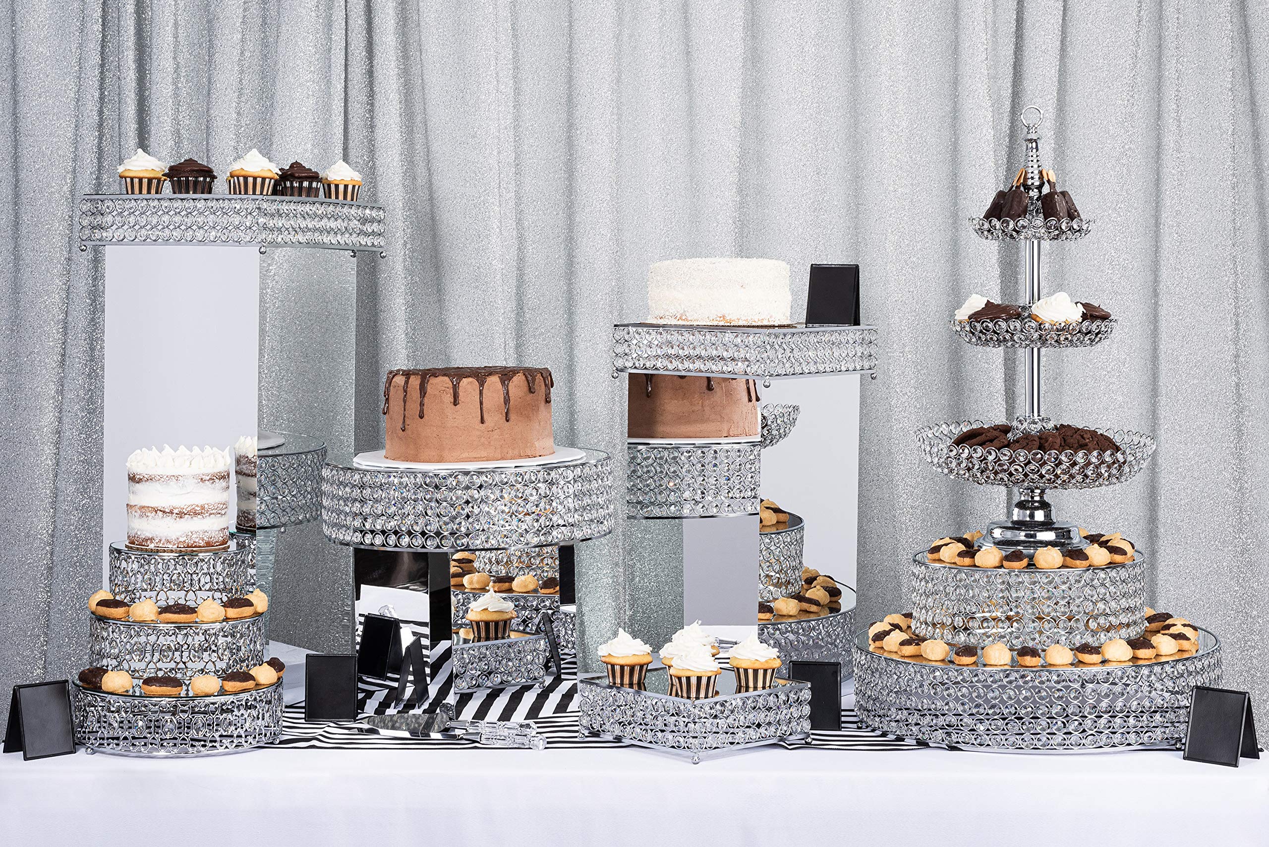 Simply Elegant 3-Piece Crystal Round Glass Top Mirror Finish Cake Stand Set - Perfect for Cupcakes, Desserts, Wedding, Birthday, Baby Shower, Anniversary & Afternoon Tea Displays (Silver) | Elegant Table Centerpiece for Parties & Special Events