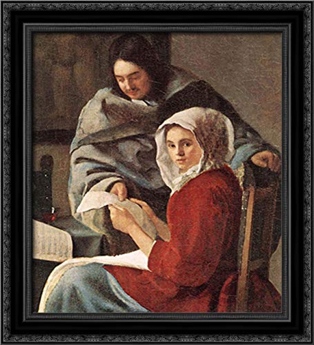 Johannes Vermeer 'Girl Interrupted At Her Music' 20x22 Inch Black Ornate Wood Framed Canvas Art Print - Perfect for Living Room, Bedroom, or Office Wall Decor
