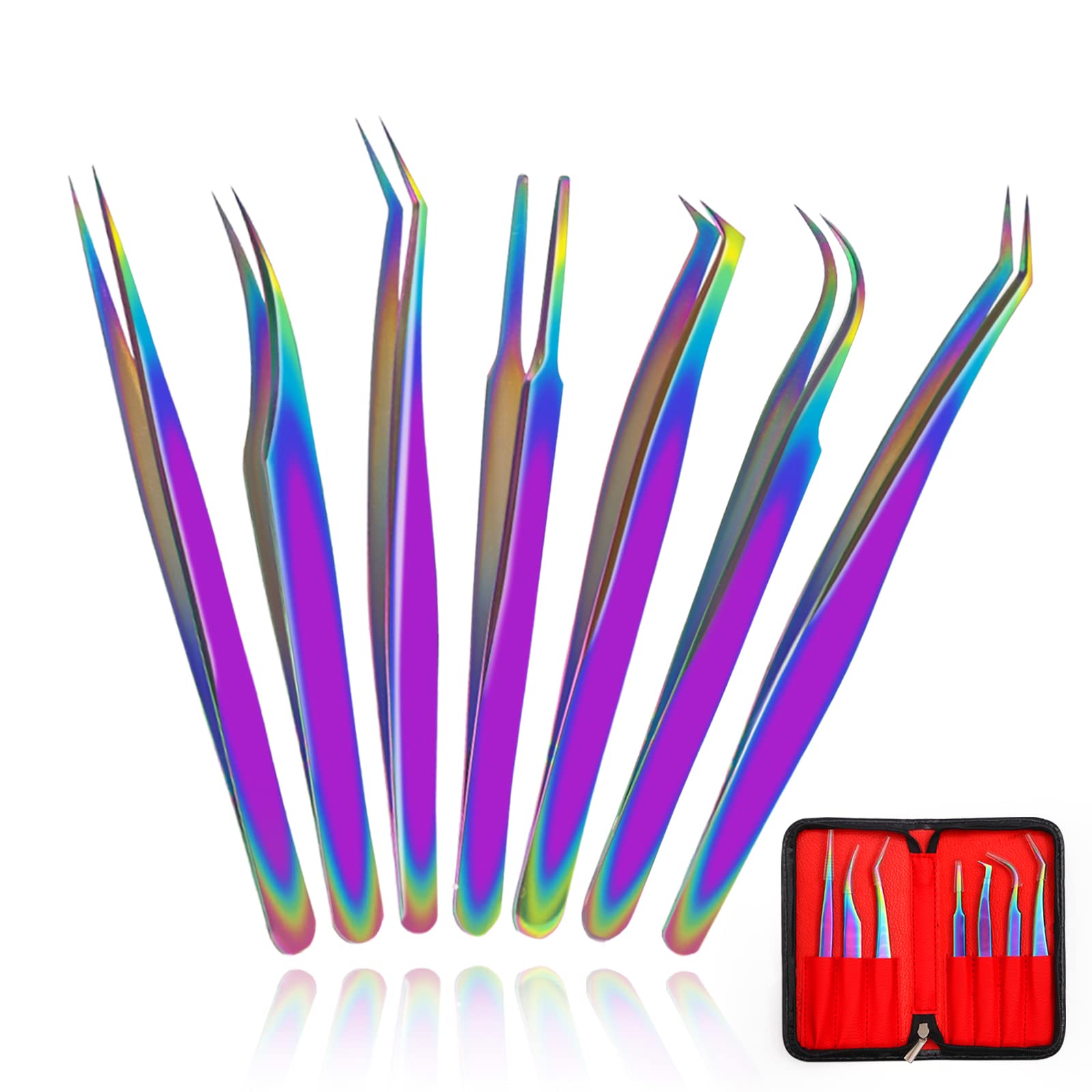 Fangze 7-Piece Eyelash Extension Tweezers Set - Professional Rainbow Stainless Steel Straight & Curved Tweezers for Lash Extensions, Nail Art, Ingrown Hair Removal & DIY Crafts - Perfect for Salon Professionals & Home Use