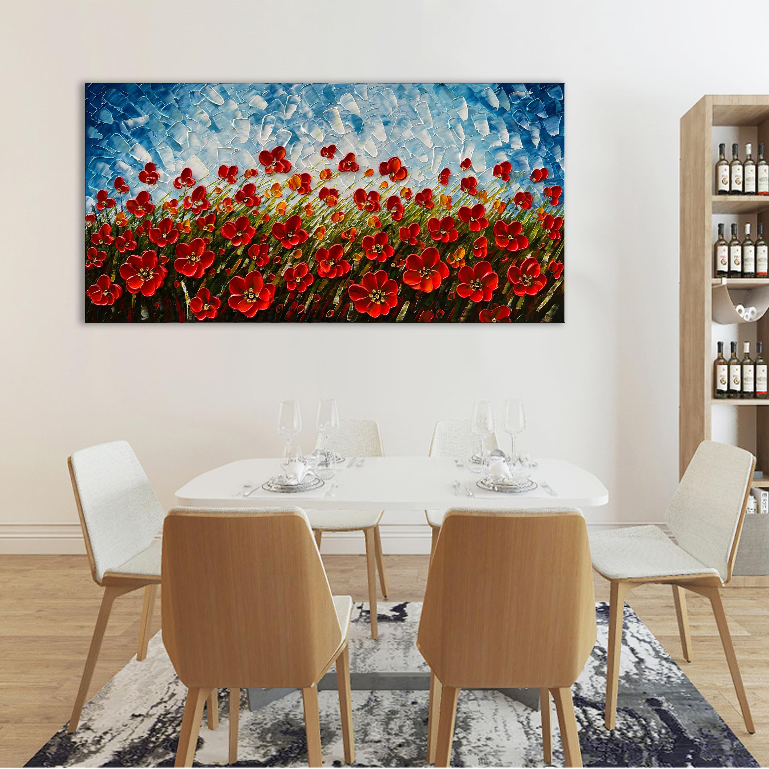 24x48 Inches Hand-Painted Red Flower Oil Painting - Contemporary Canvas Wall Art for Living Room, Bedroom & Dining Room Decor - Perfect for Home Interior Design & Gift Giving