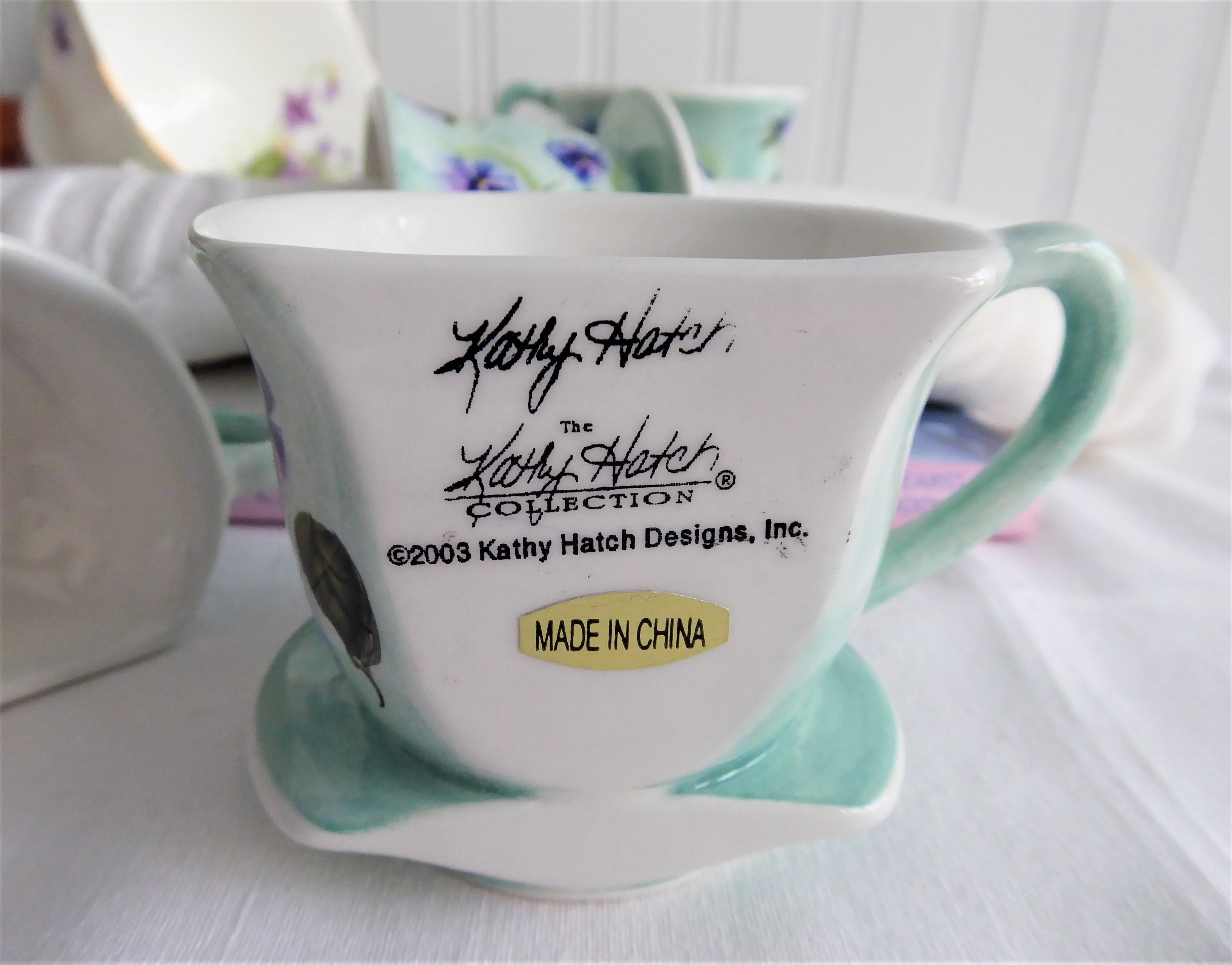 Handpainted Ceramic Teacup Napkin Rings Set of 4 - Violet Floral Design in Egg Blue & Purple - Perfect for Spring Tablescapes, Easter Decor, and Tea Party Table Settings