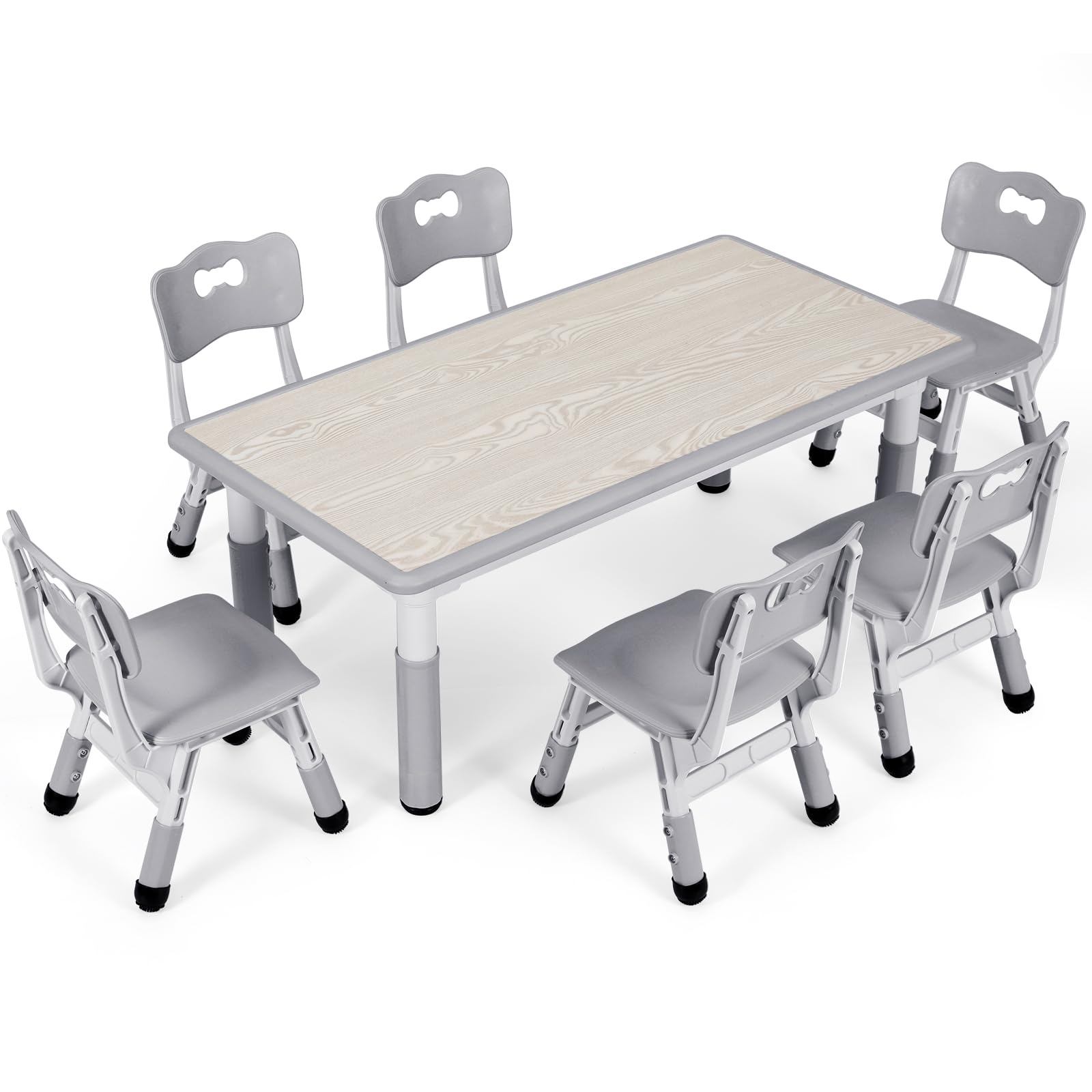 Arlopu Kids Study Table and Chairs Set - Adjustable Height, Multifunctional Learning Desk with 6 Chairs for Children's Bedroom, Playroom or Homeschooling - Gray