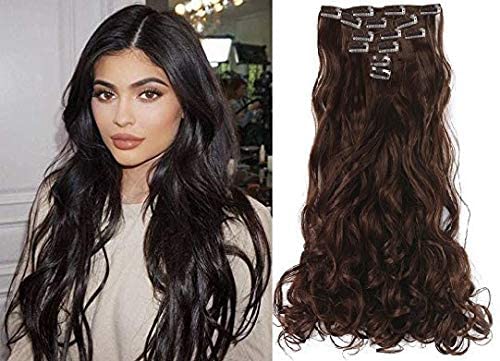 MoonEyes 6-Piece 24-Inch Synthetic Hair Extensions Set - 16 Clip-in High Heat Resistant Curly/Wavy Human Hair Extensions (Brown) for Daily Styling & Special Occasions
