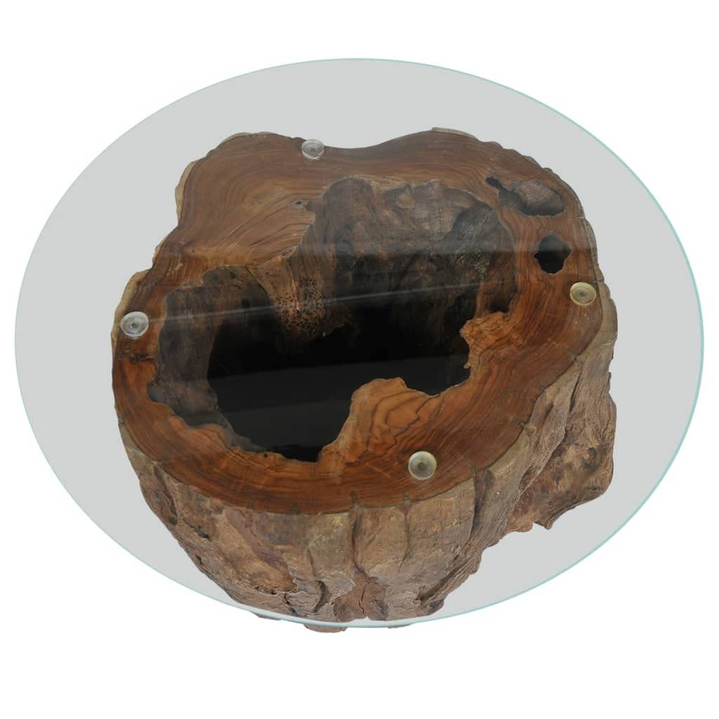 Modern Round Coffee Table - Teak & Glass Center Table 19.7