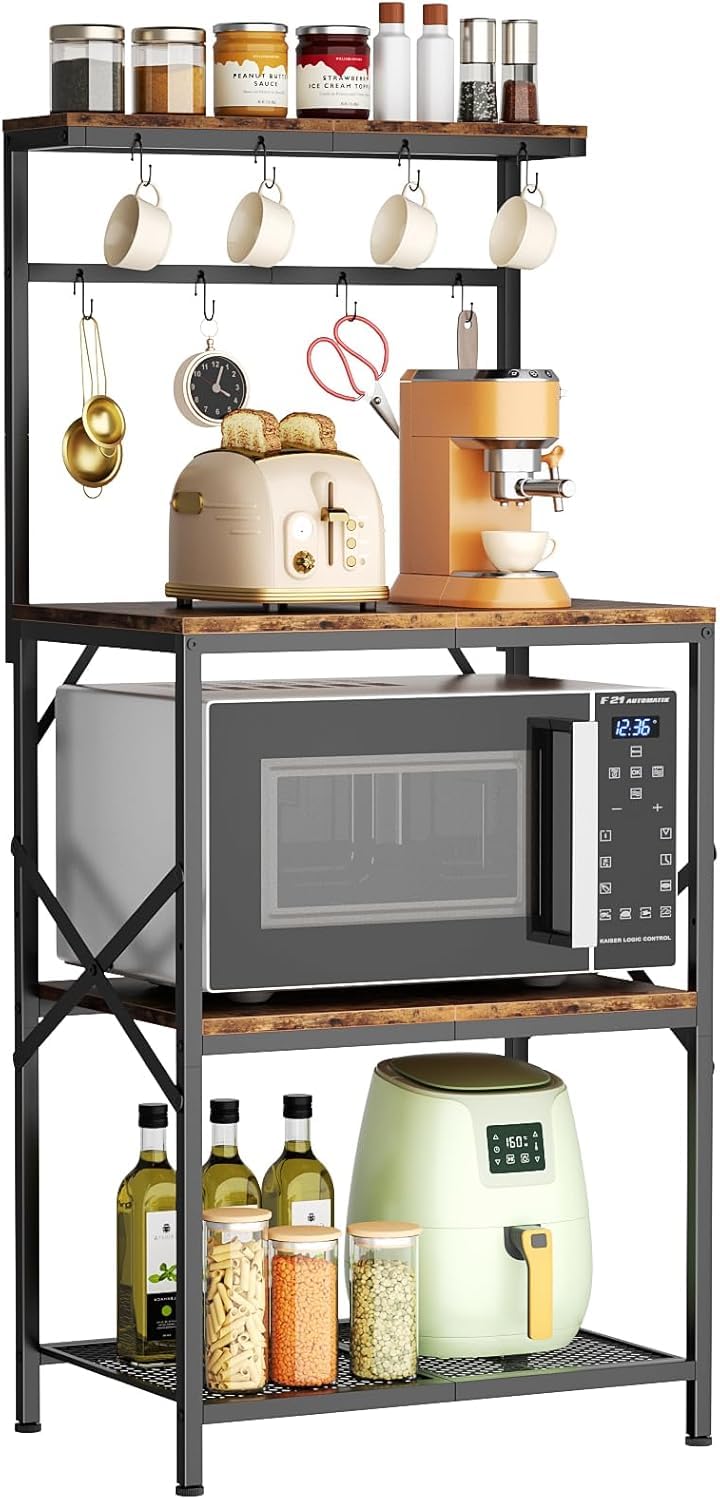 Rustic Brown 4-Tier Kitchen Bakers Rack with Adjustable Storage Shelves & 8 Hooks - Freestanding Microwave Stand, Coffee Bar Organizer - Perfect for Small Kitchens, Pantry Organization & Appliance Storage