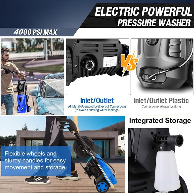 4500 PSI Electric Pressure Washer - Heavy Duty Power Cleaner with 33ft Hose, Soap Dispenser & 4 Nozzles (Blue) - Ideal for Driveway Cleaning, Deck Washing, Patio & Outdoor Surface Maintenance